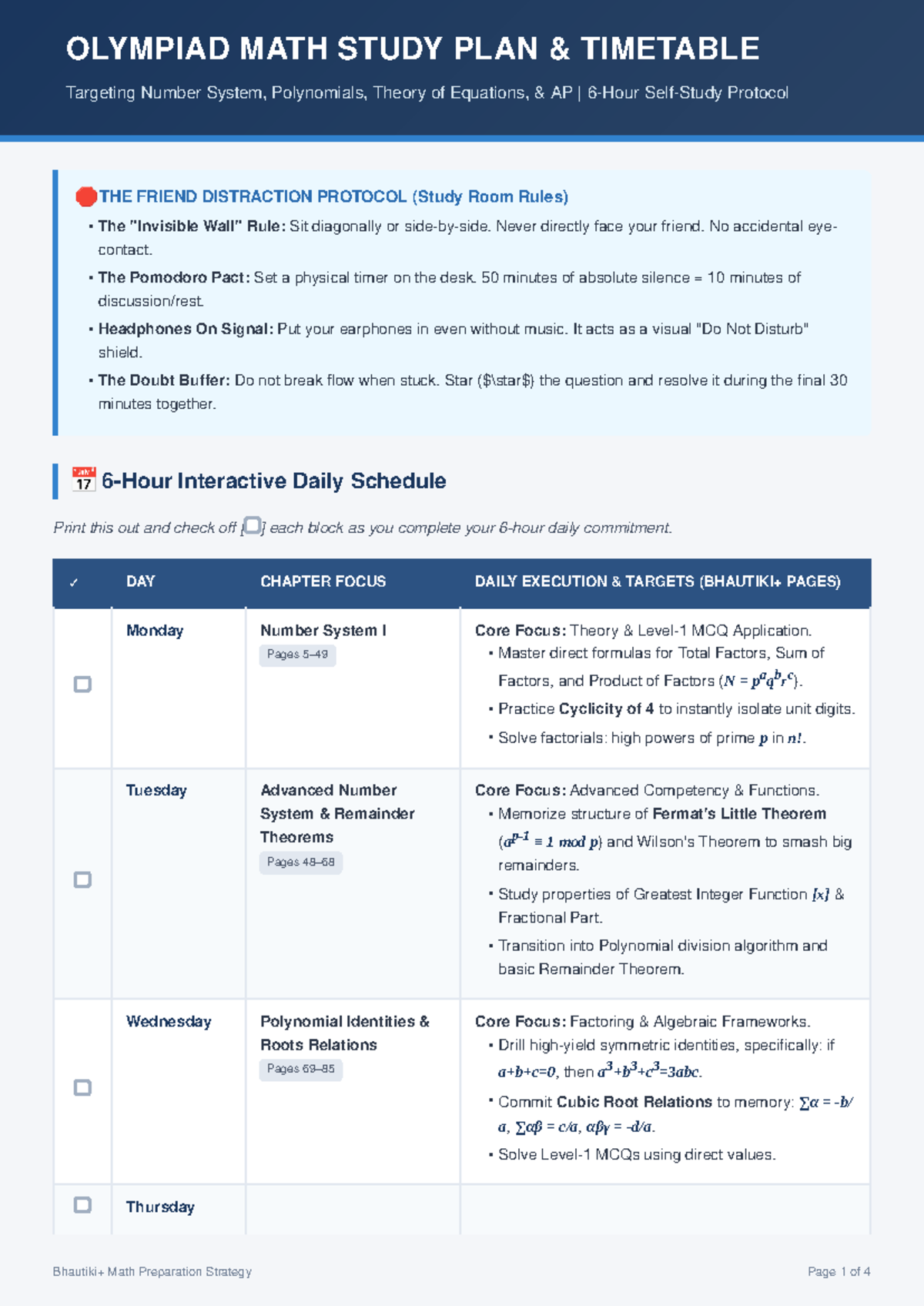 OLYMPIAD MATH STUDY PLAN TIMETABLE: Number Systems & Polynomials - Studocu