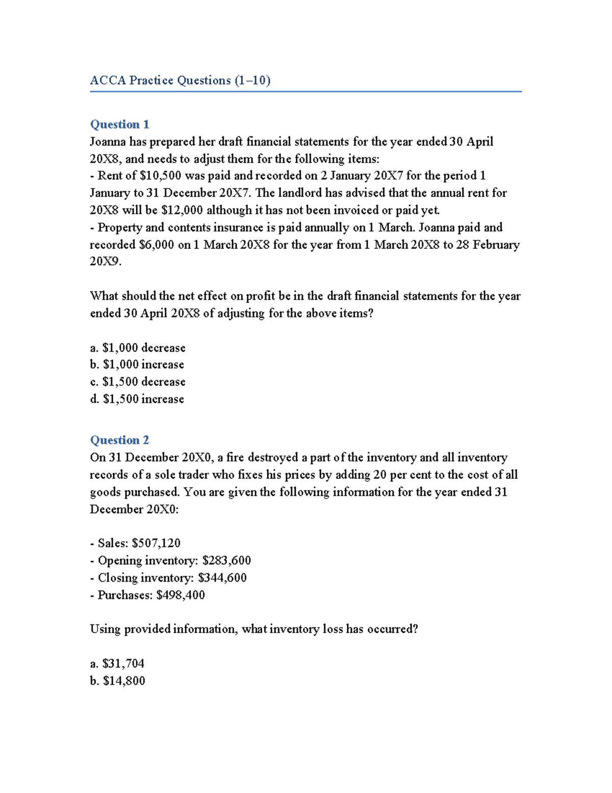 ACCA Practice Questions: Financial Statements Adjustments and Inventory ...