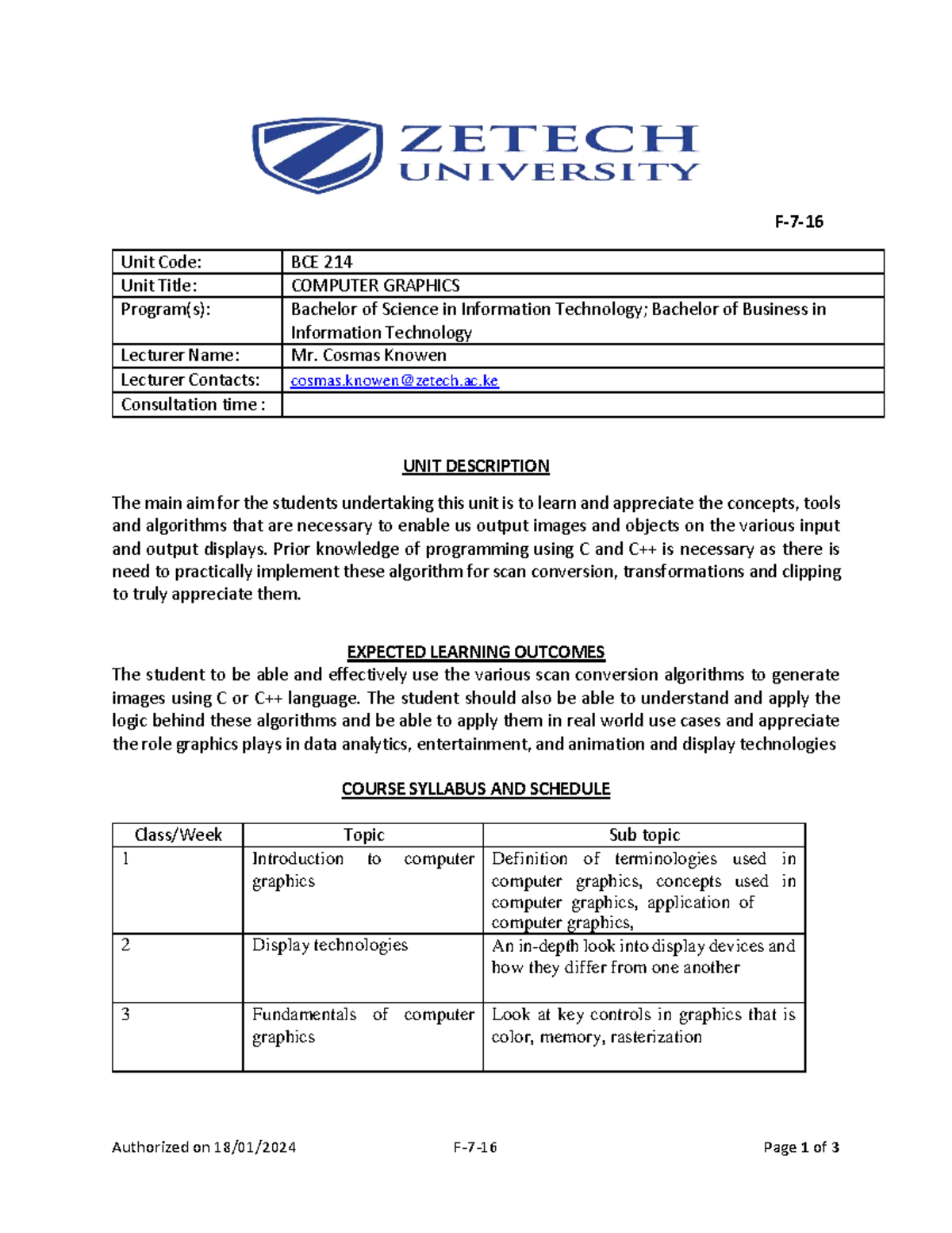 BCE 214 Computer Graphics Course Outline and Learning Outcomes - Studocu