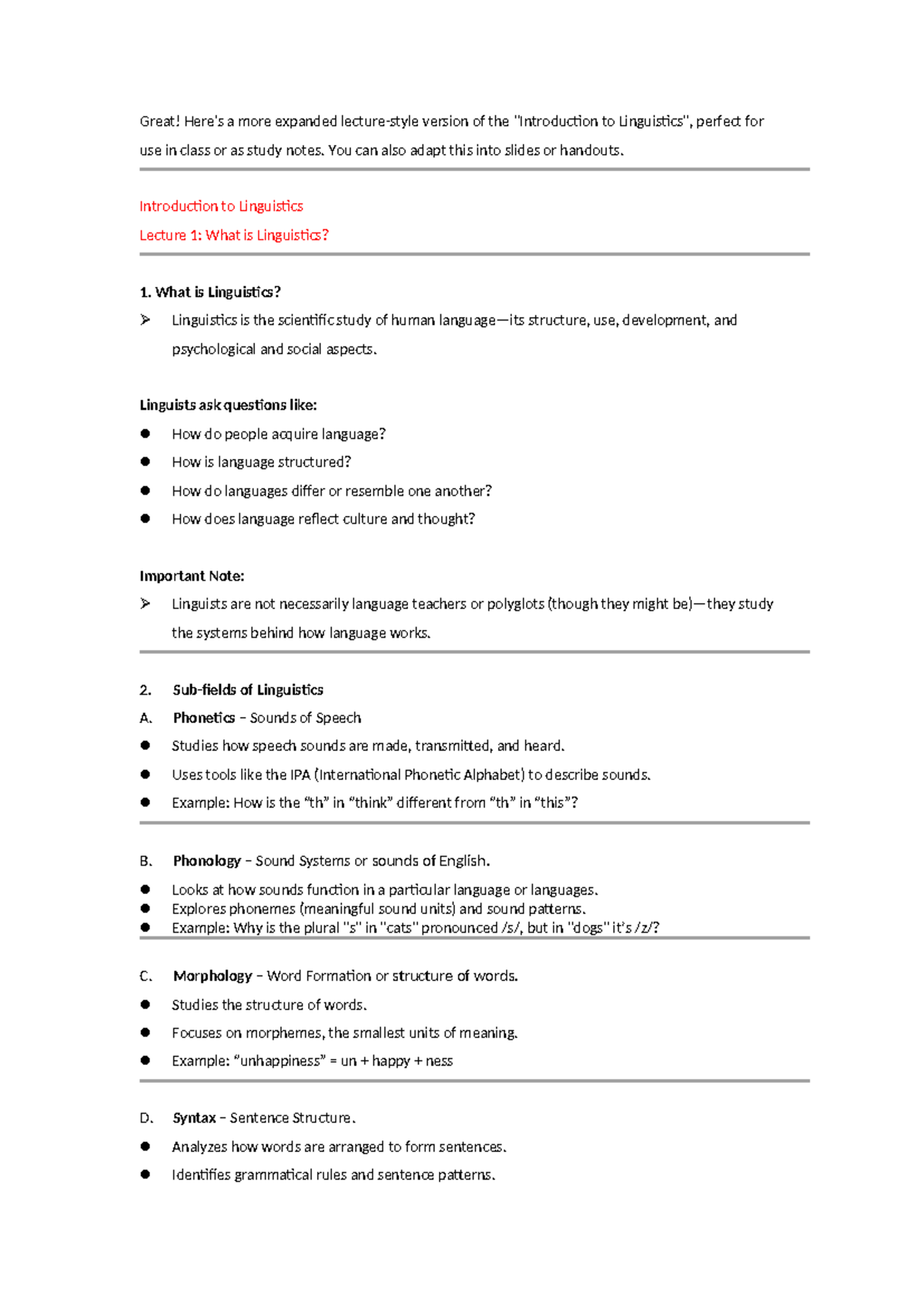 Linguistics 101: Introduction to Linguistics Lecture 1 Notes - Studocu