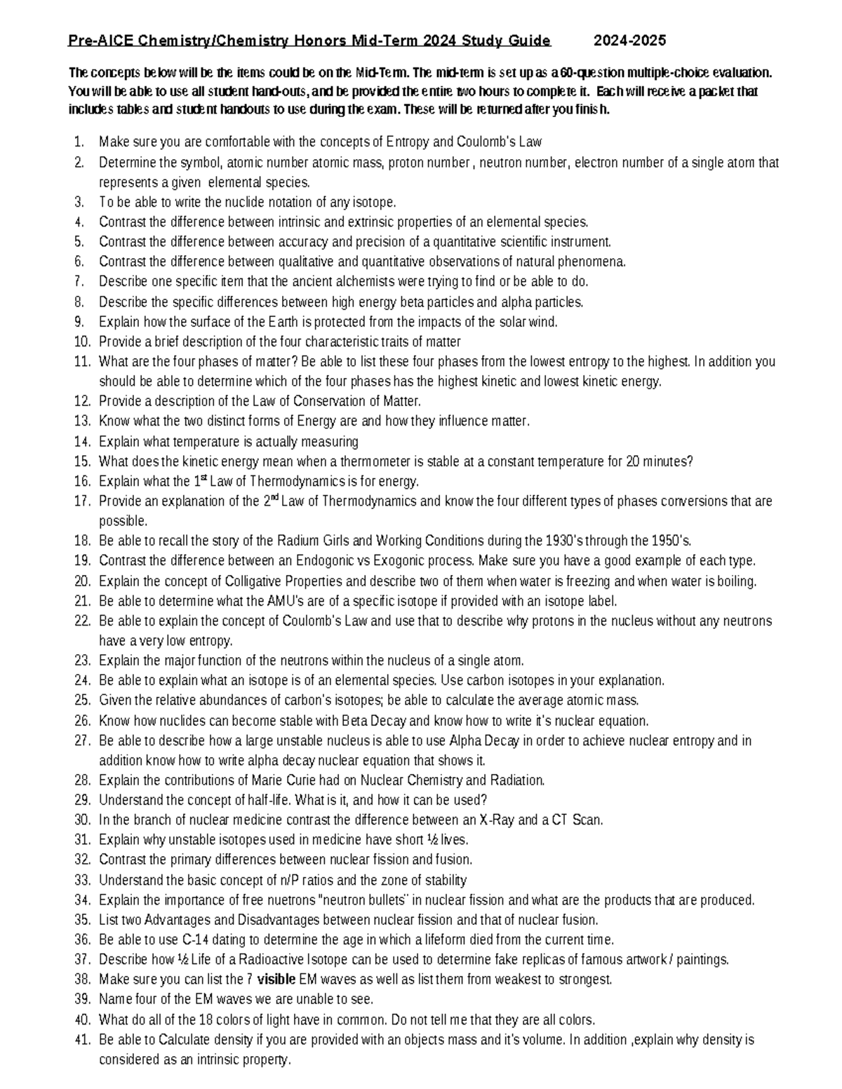 Pre-AICE Chemistry Honors Mid-Term 2024 Comprehensive Study Guide - Studocu