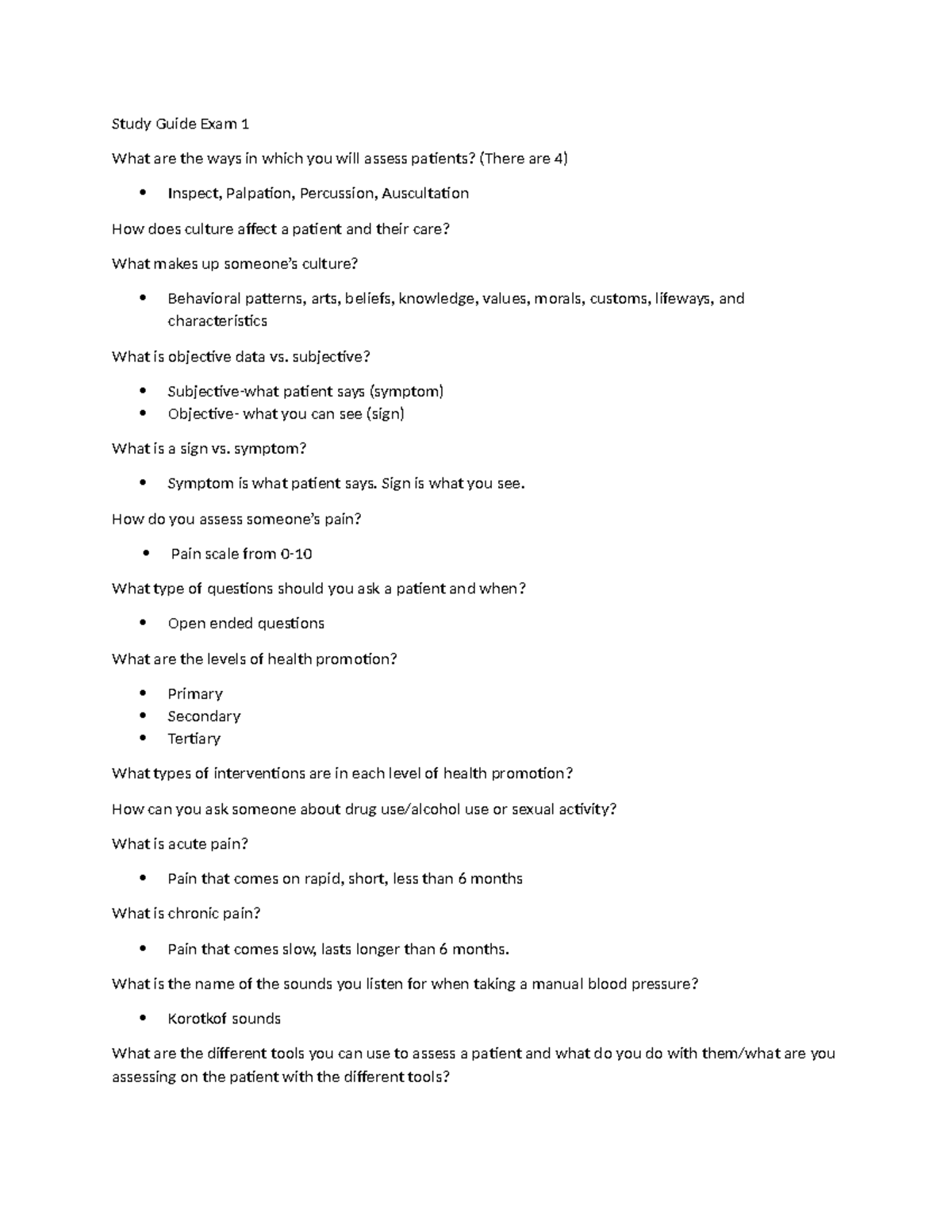 NURS 101 Study Guide: Exam 1 Patient Assessment Techniques - Studocu