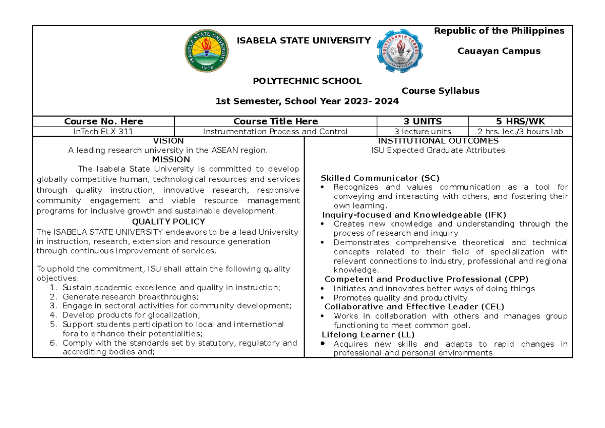 Syllabus for InTech ELX 311: Instrumentation Process & Control - Studocu