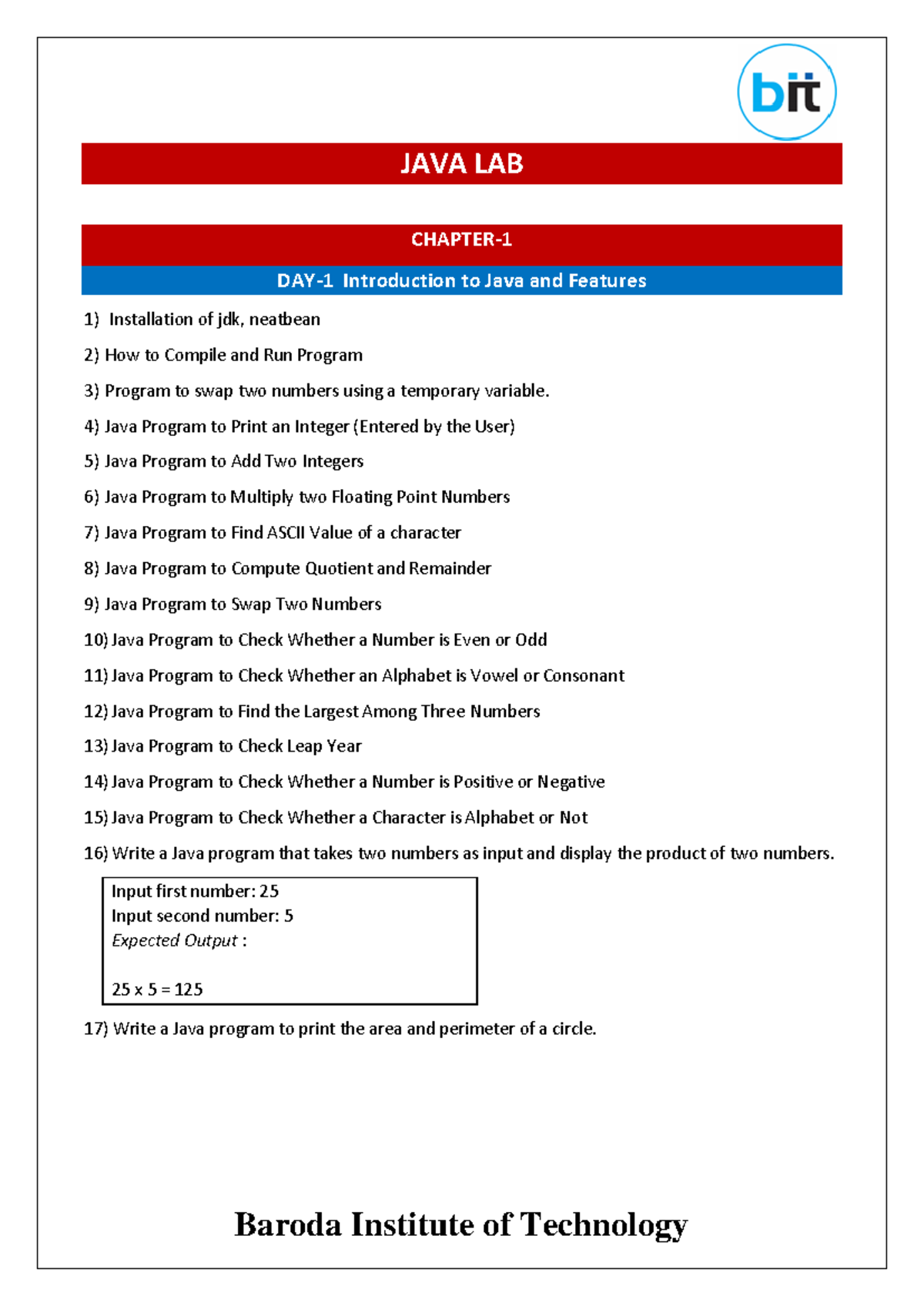 Core Java Lab Manual (Java 101) - Comprehensive Lab Exercises - Studocu