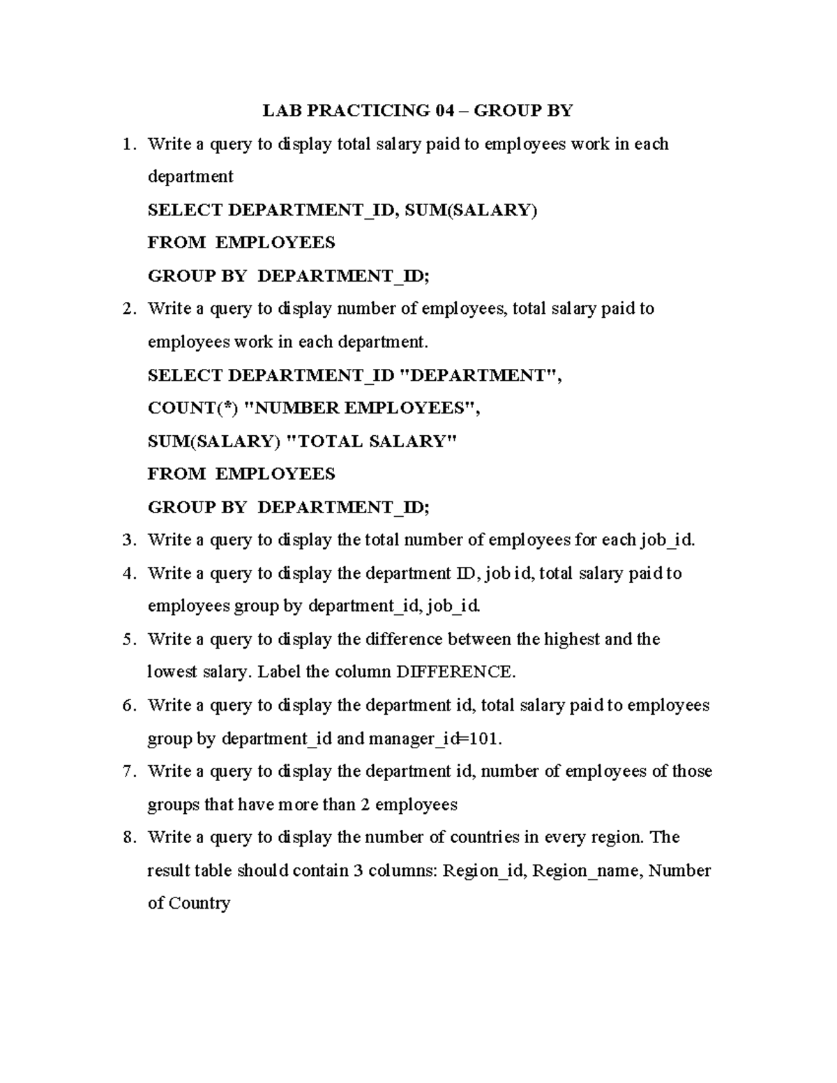 Lab 05 - SQL Queries for GROUP BY Practice - bài tập - Studocu