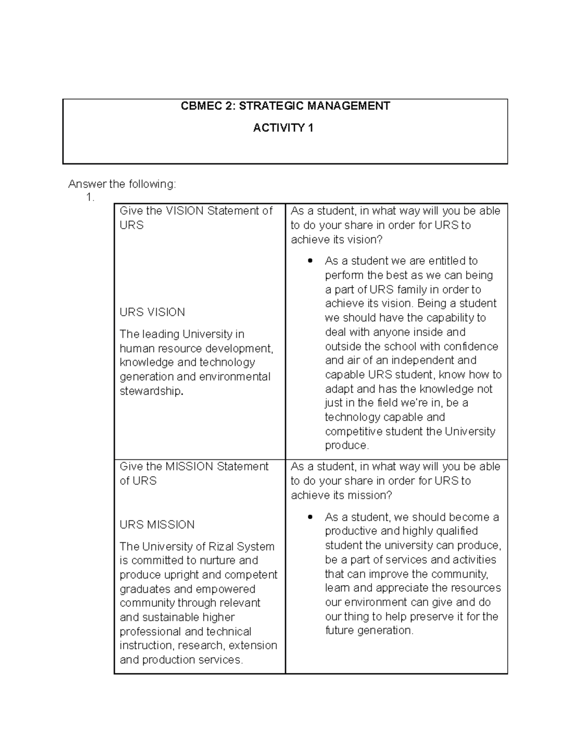 URS Mission, Vision, and Core Values Overview - CBMEC 2 - Studocu