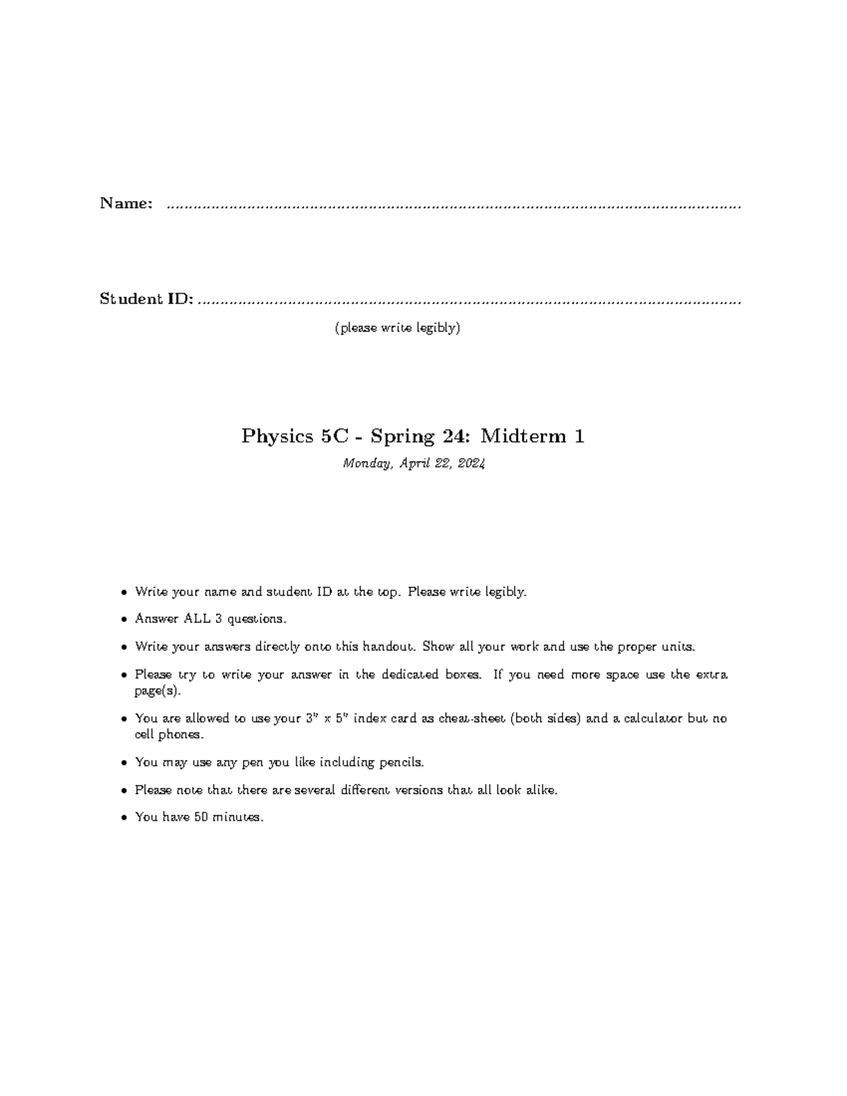Physics 5C - Spring 24: Midterm 1 Practice Test, April 22 - Studocu