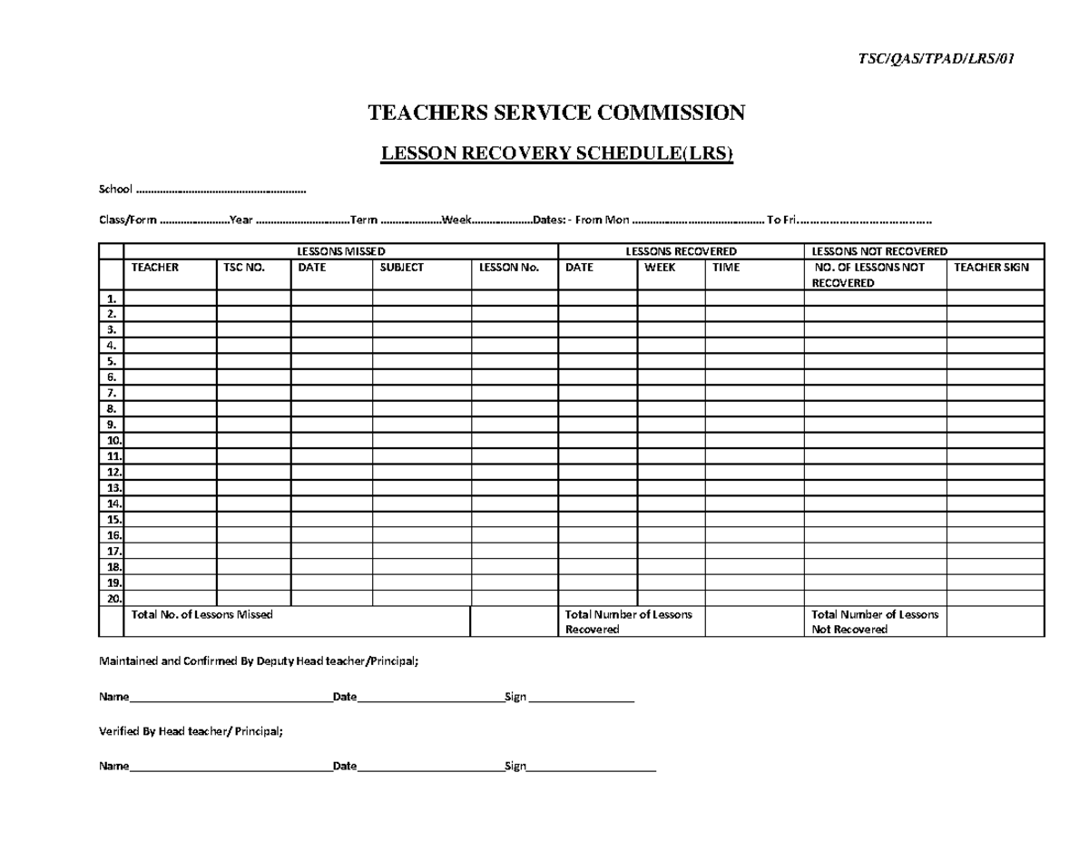 TPAD Lesson Recovery Schedule LRS - TSC/QAS/TPAD/LRS/ TEACHERS SERVICE ...