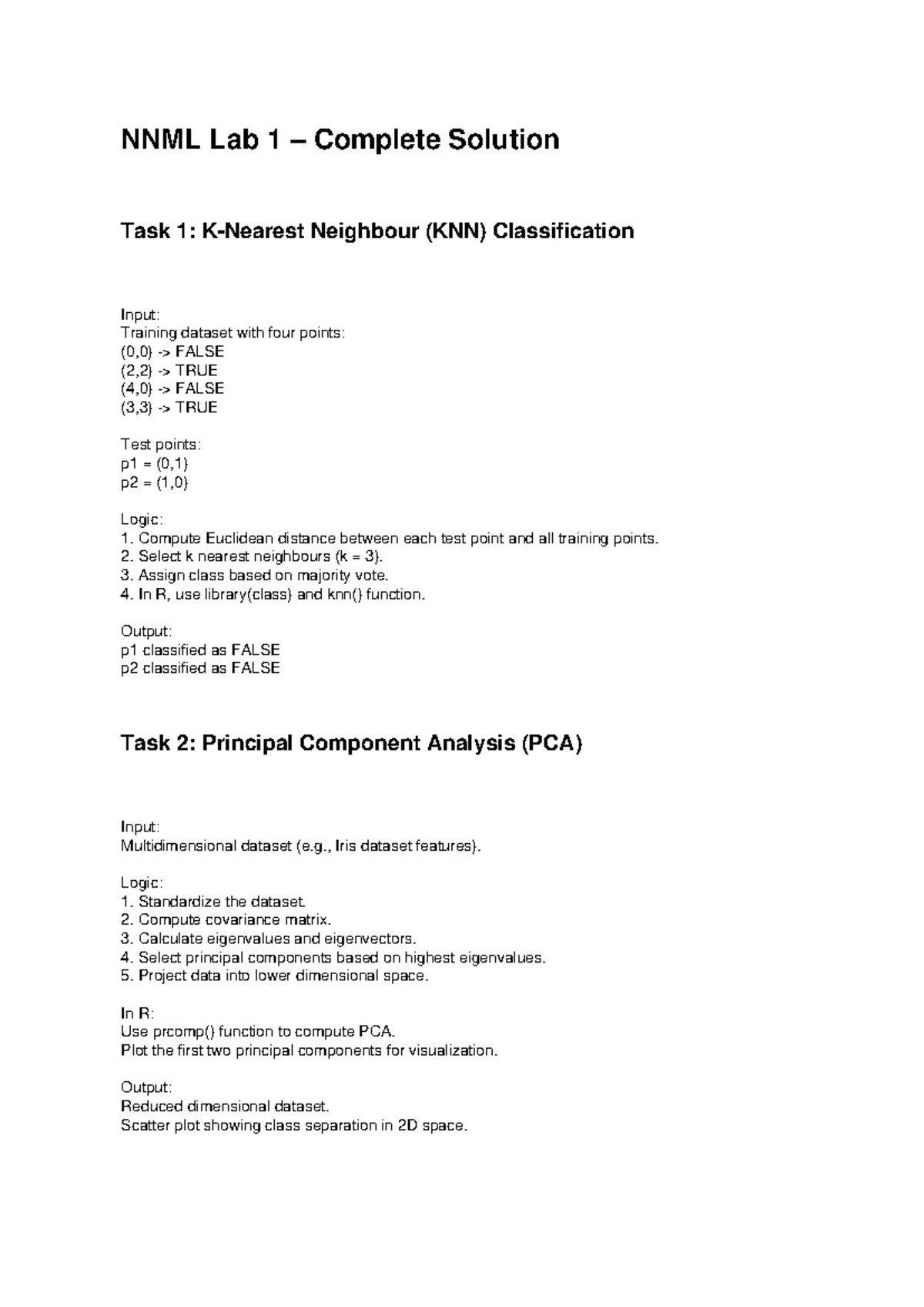 NNML Lab 1: KNN Classification & PCA Complete Solutions - Studocu