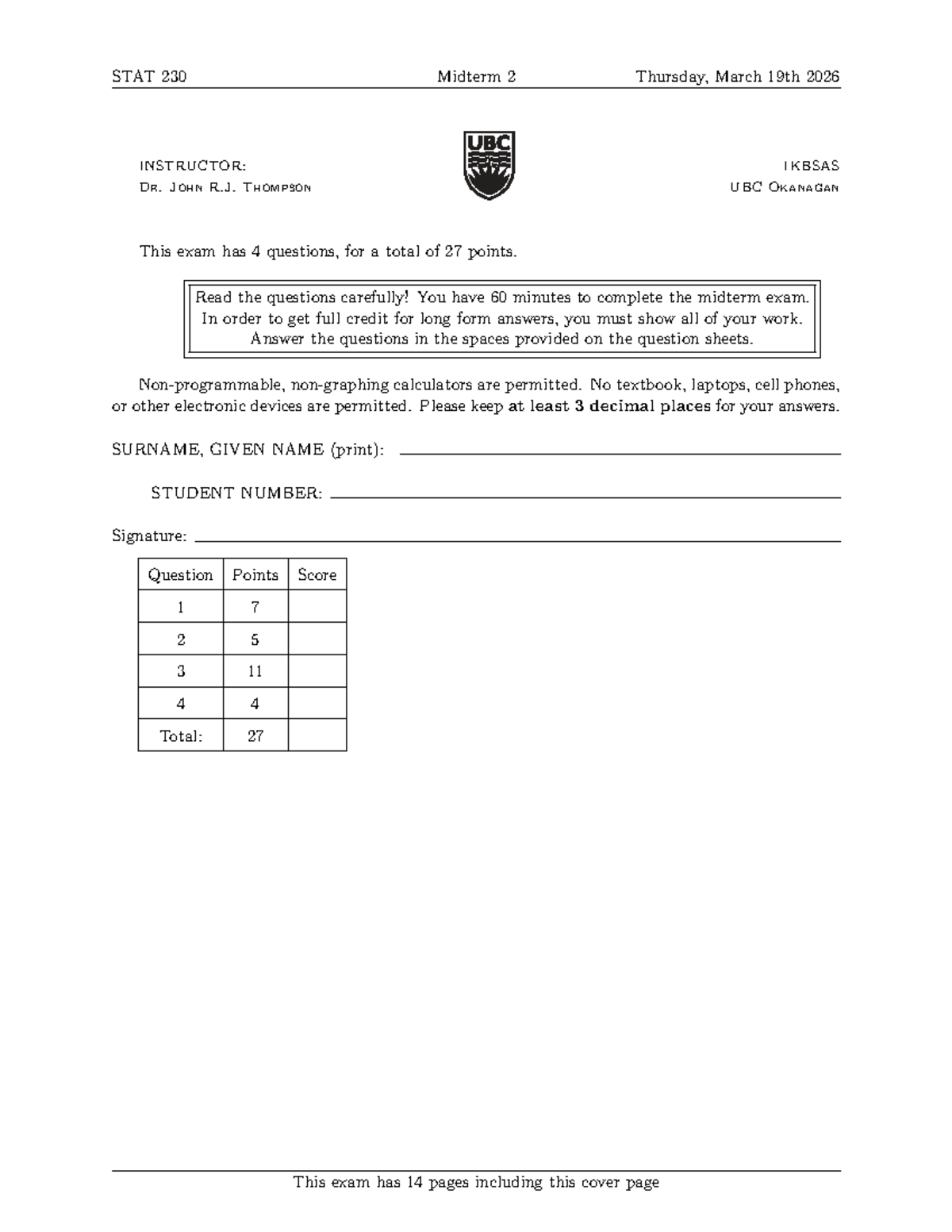 STAT 230 Midterm 2 Practice Solutions and Exam Guidelines - Studocu