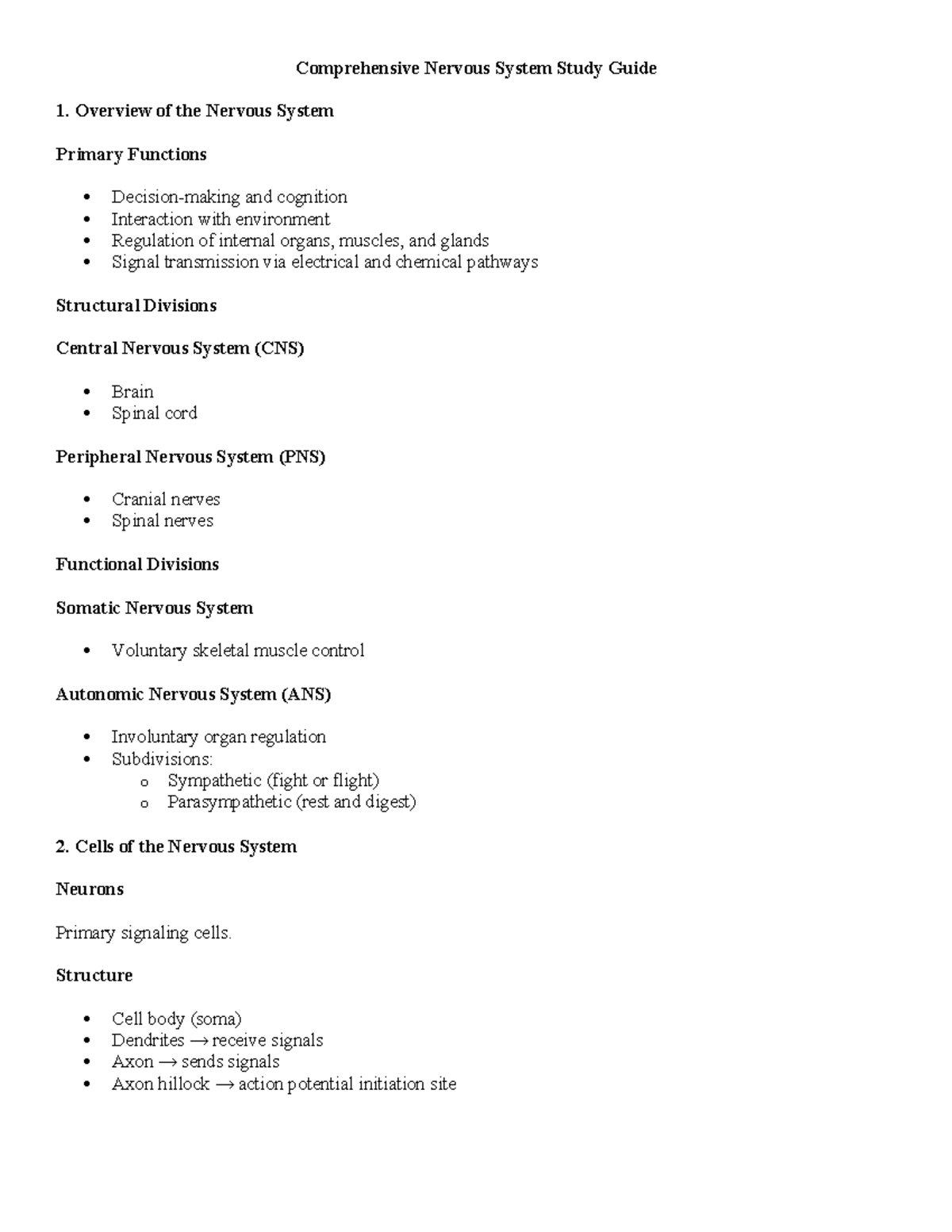 Chapter 15 Study Guide: Comprehensive Nervous System Overview - Studocu