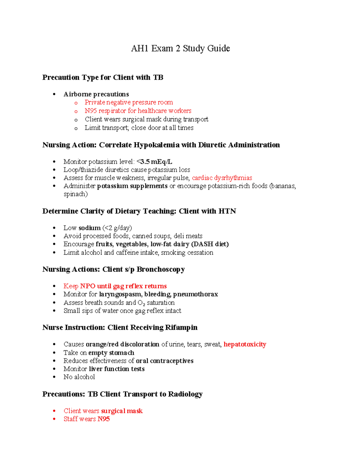 AH1 Exam 2 Study Guide: Key Nursing Actions & Client Care for TB and ...