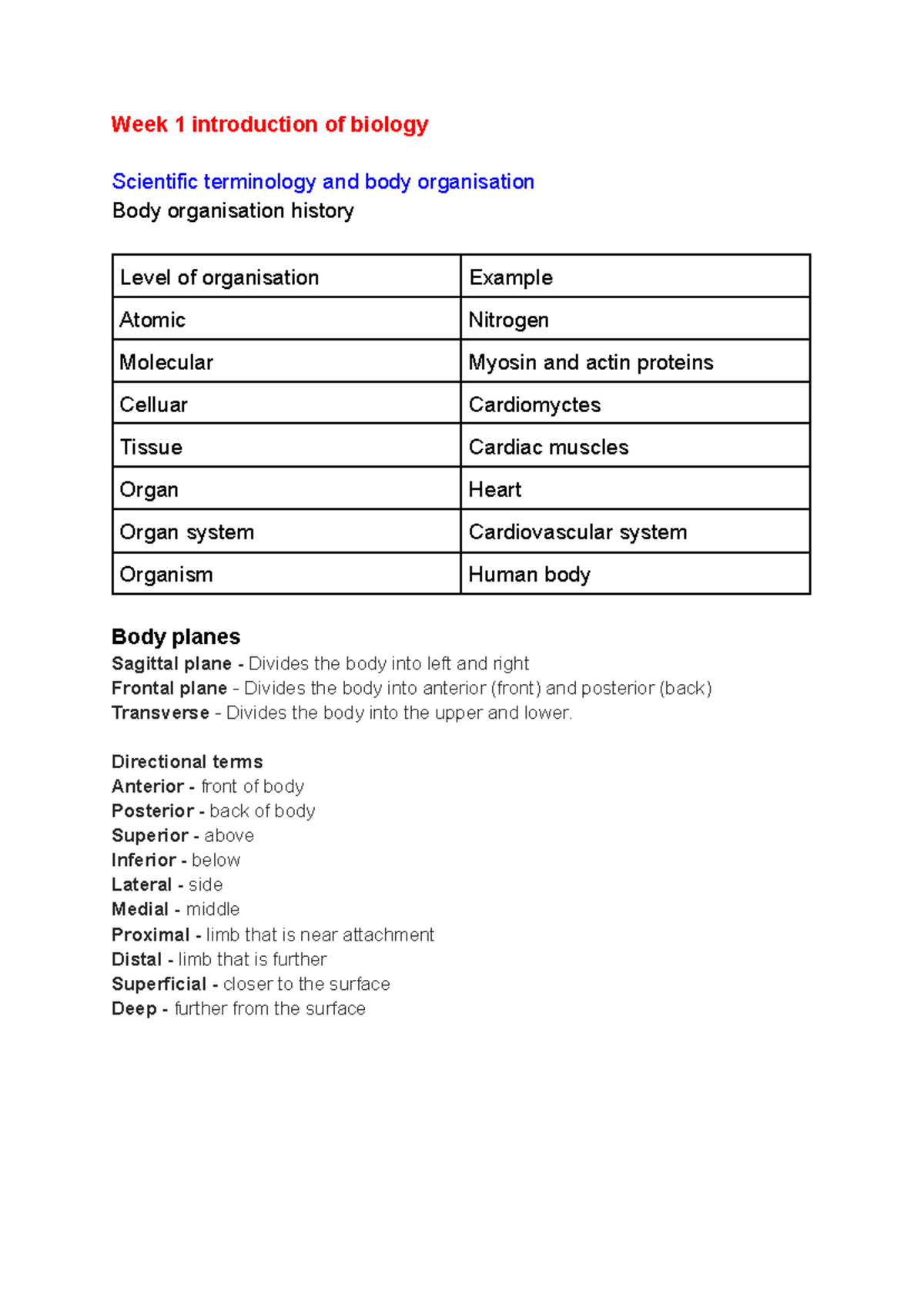 Week 1 Study Notes: Intro to Biology & Body Organization - Studocu