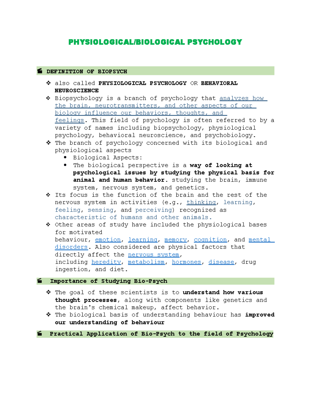 Biopsych 101 - Lecture Notes on Biological Psychology Concepts - Studocu