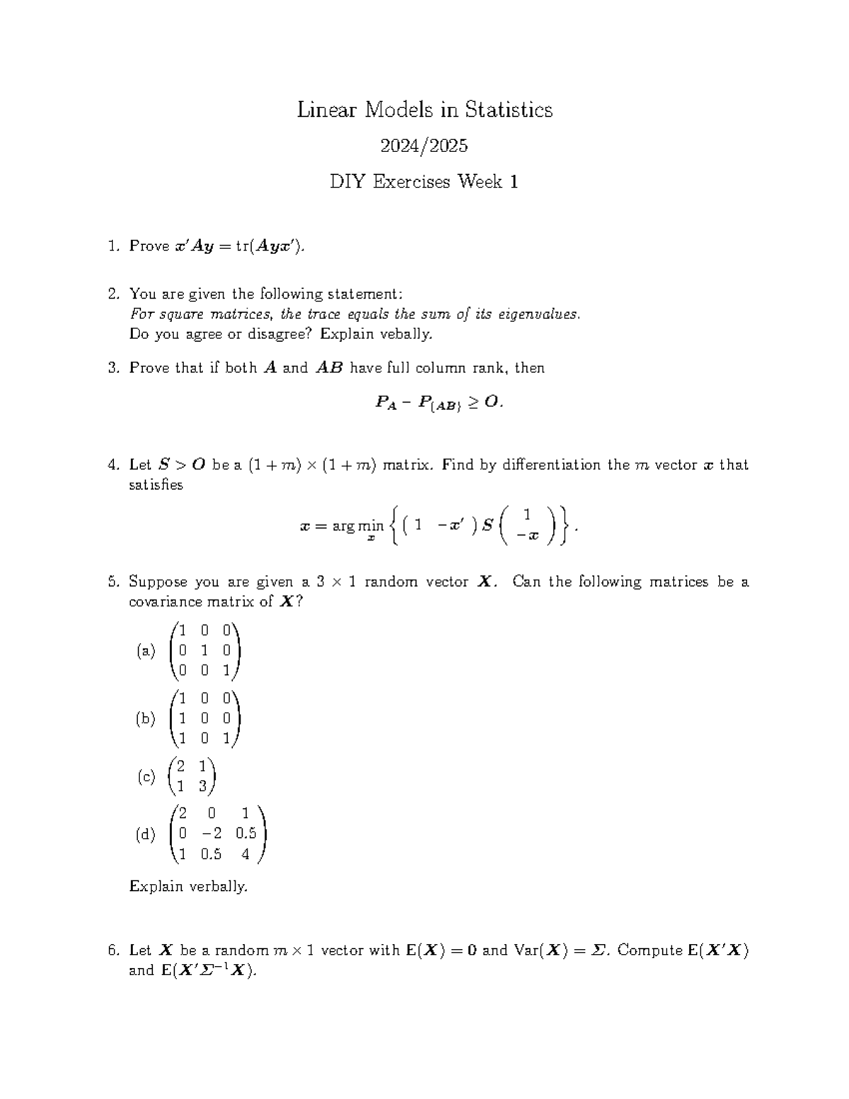Linear Models in Statistics: Week 1 Exercises and Solutions - Studeersnel