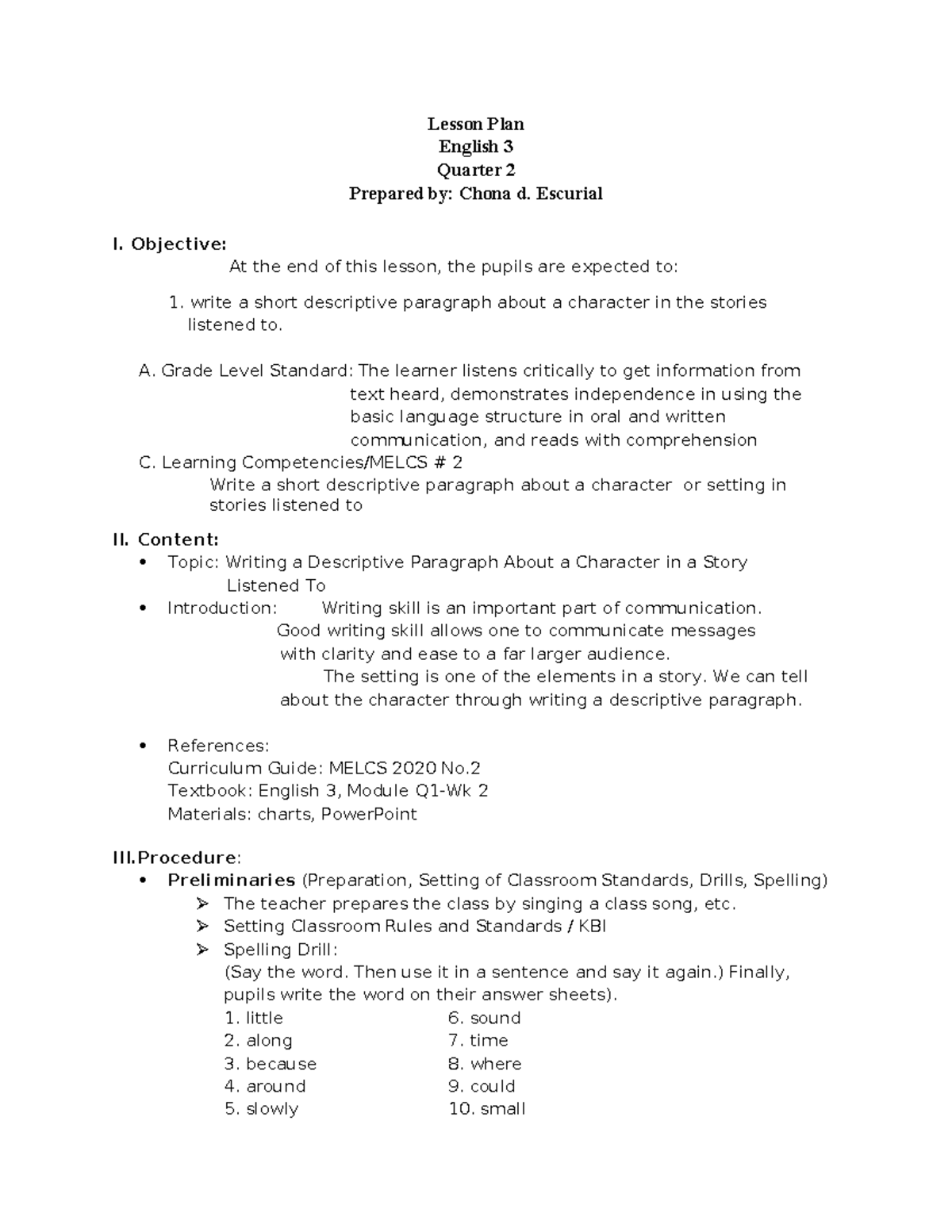English 3 Lesson Plan: Writing Descriptive Paragraphs for Q2 - Studocu