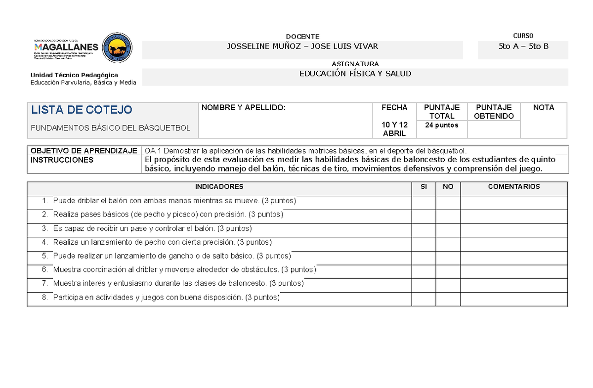 Lista cotejo 5to basico unidad 1 - Unidad Técnico Pedagógica Educación