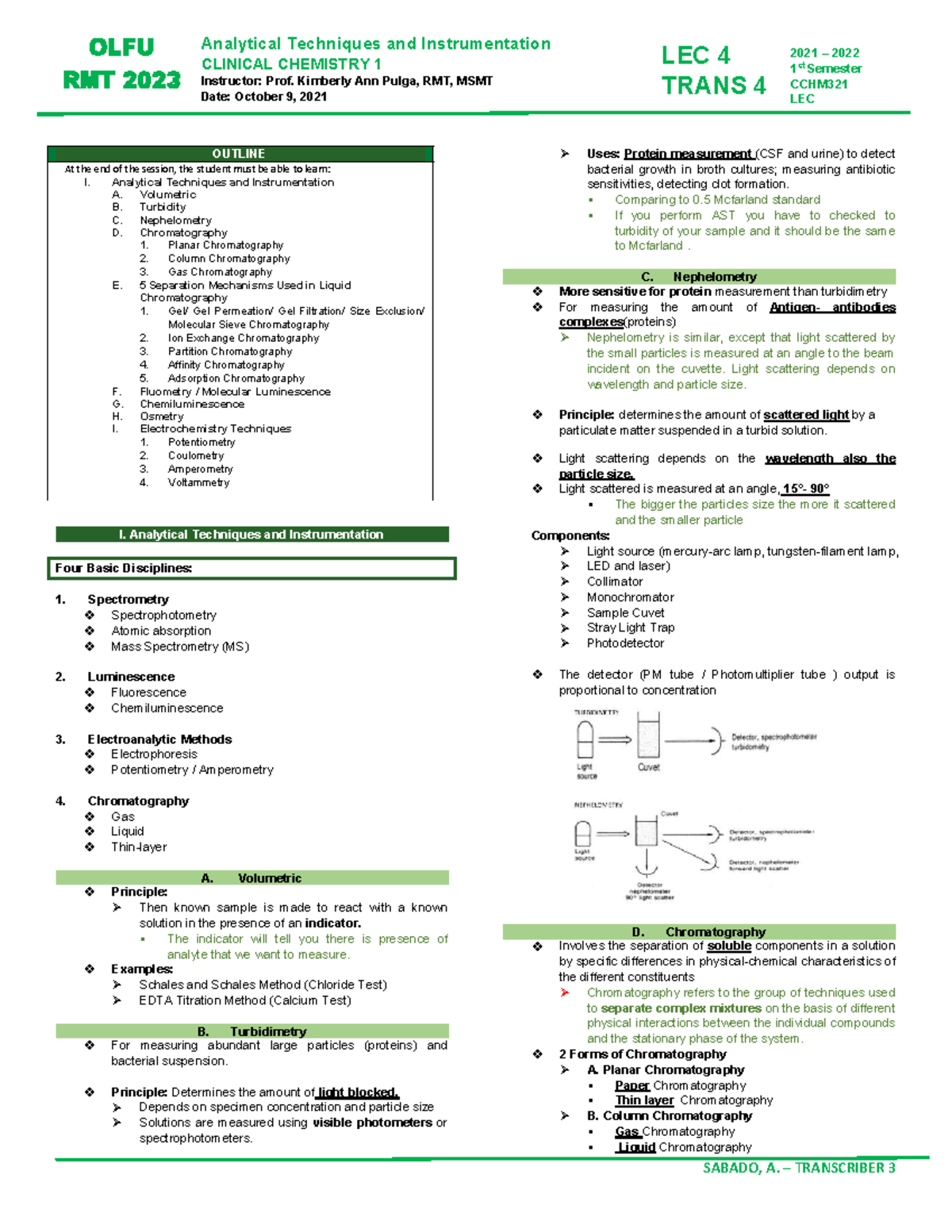 OLFU CCHM321 LEC 2023 Analytical Techniques & Instrumentation Notes ...