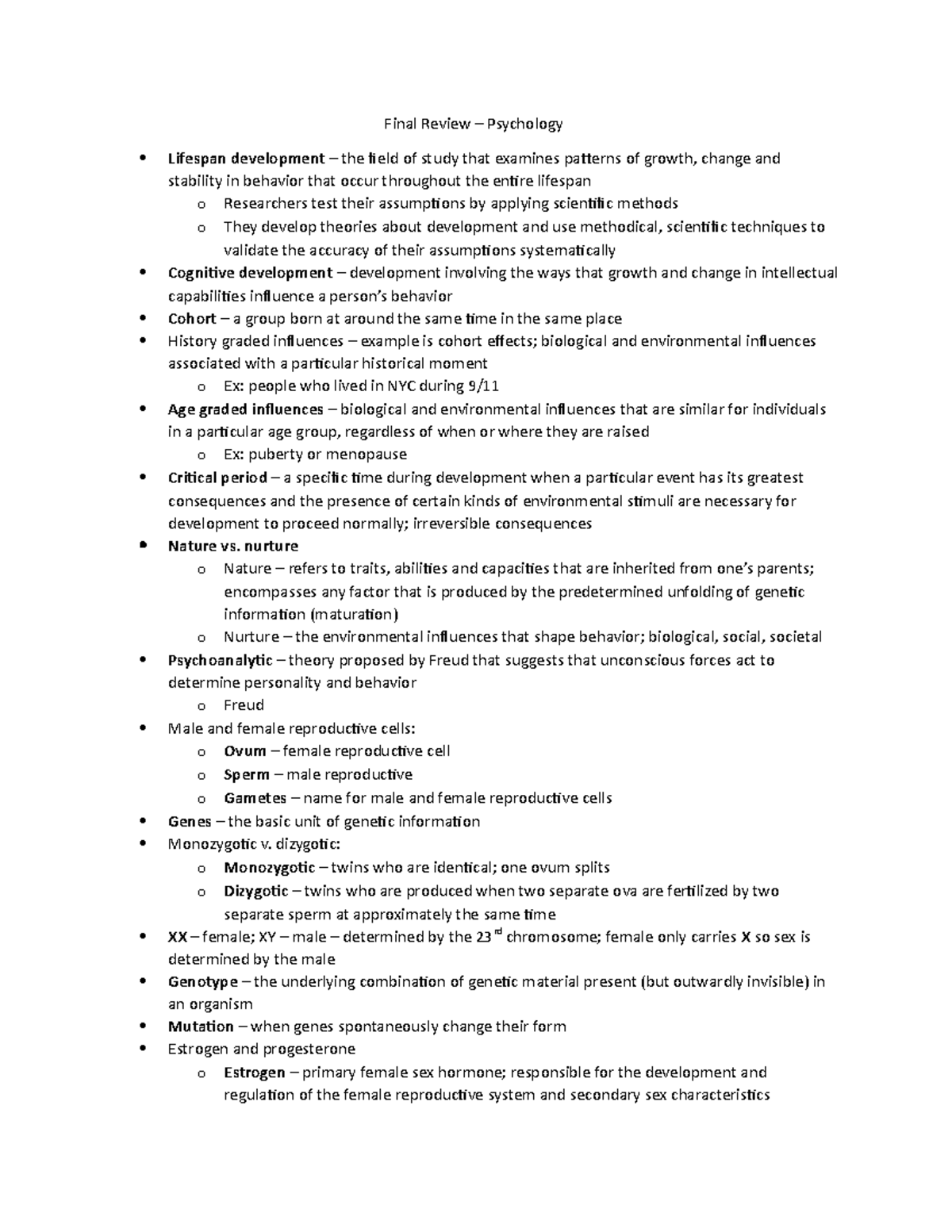 Psych 101 Final Review: Key Concepts in Lifespan Development - Studocu