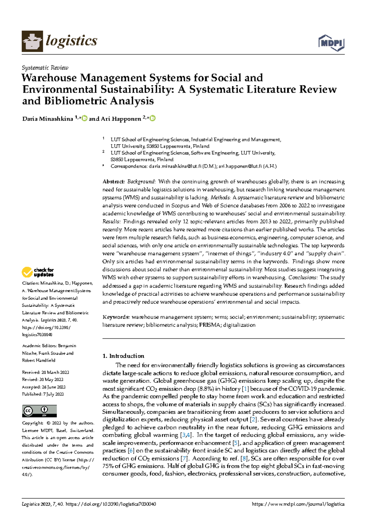Logistics 70300: Systematic Review of Warehouse Management Systems for ...