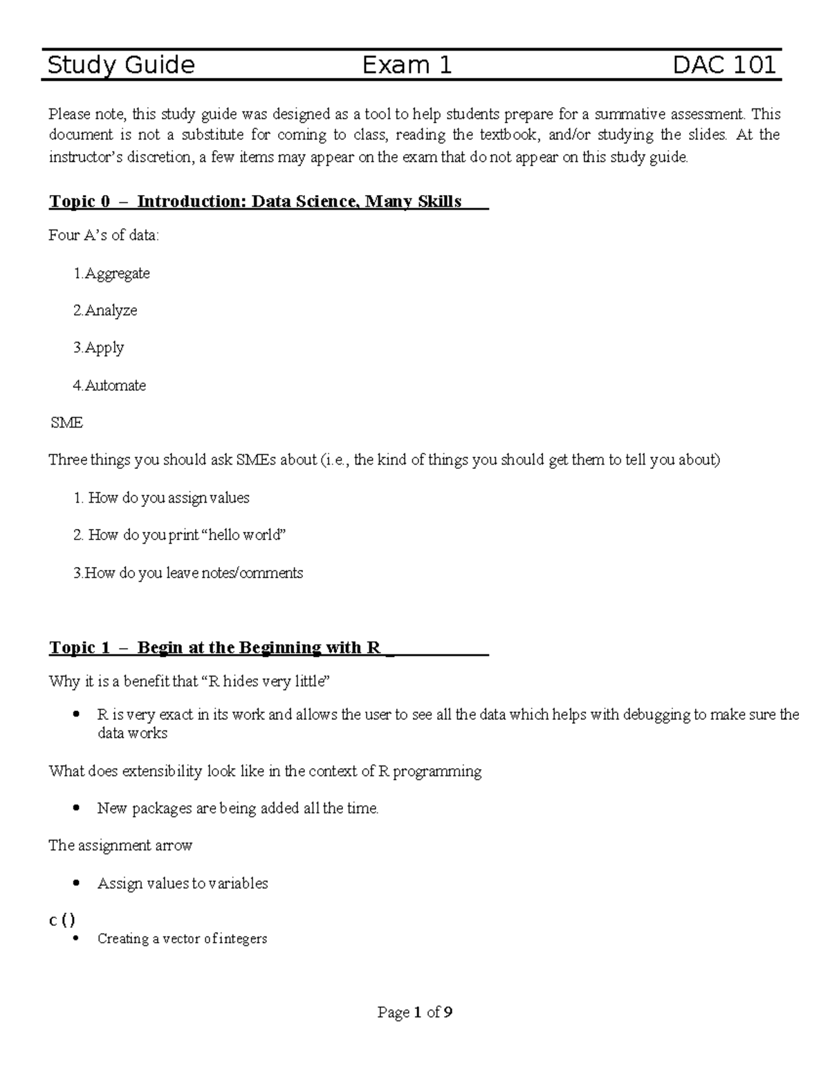 DAC 101 Study Guide: Exam 1 Prep for Data Science Principles - Studocu