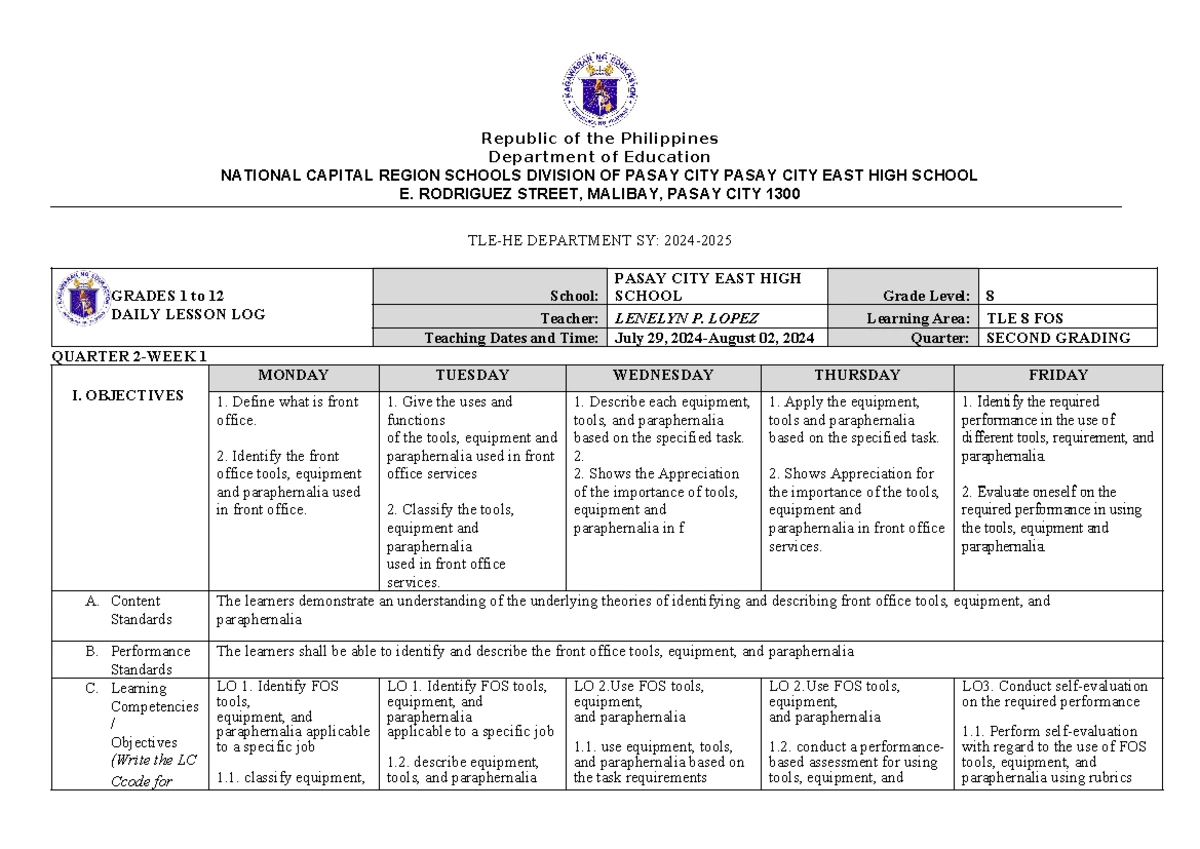 DLL-WEEK 3 TLE 8 FOS - DAILY LESSON LOG FOR FRONT OFFICE SERVICES - Studocu