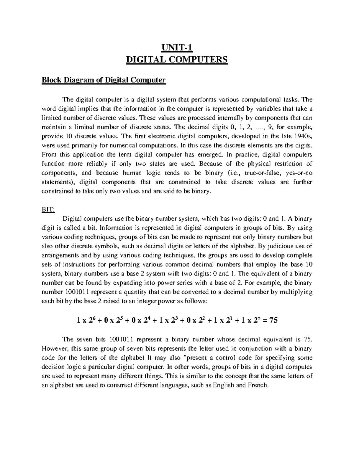 COA Unit-1: Overview of Digital Computer Architecture and Operations ...