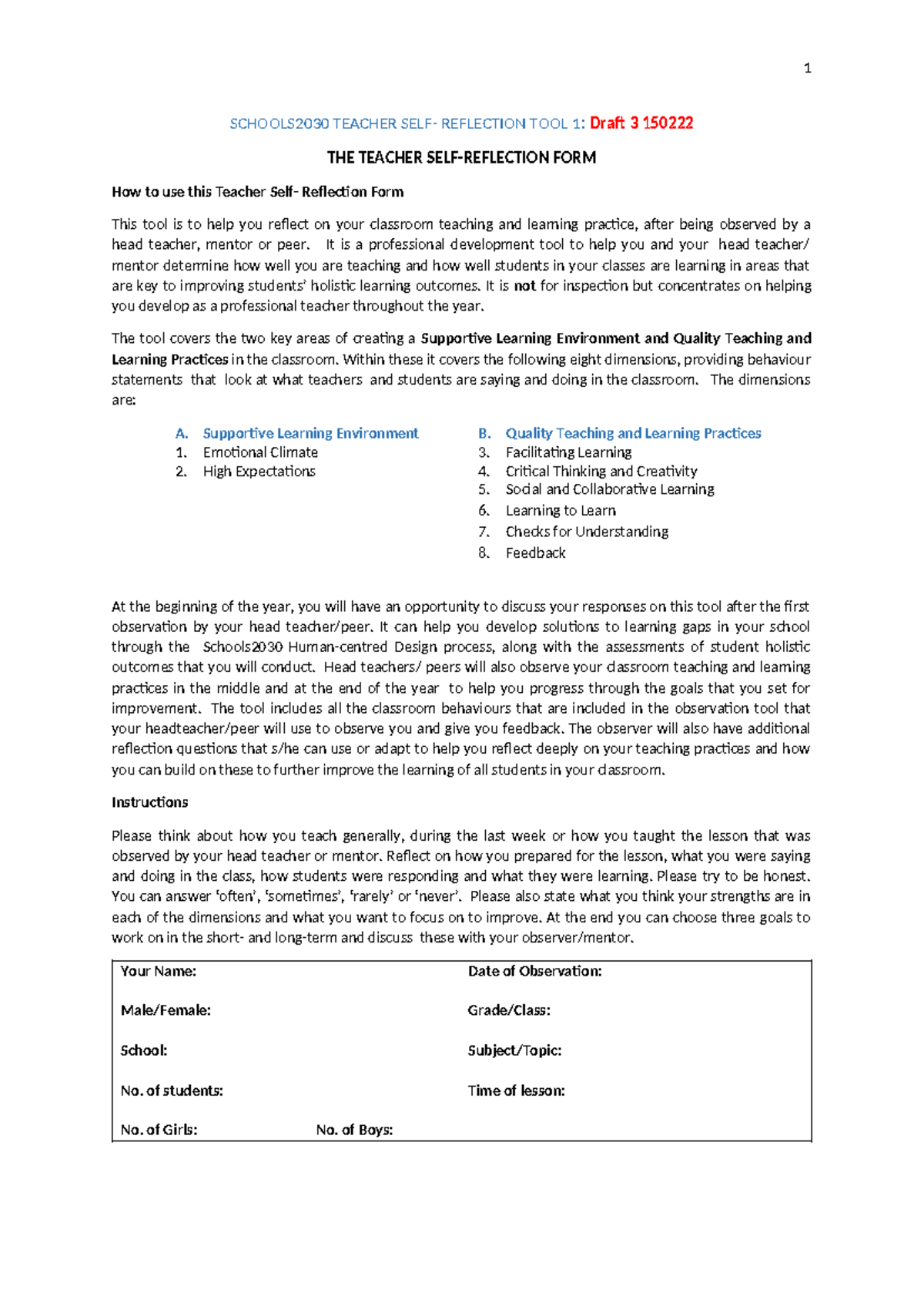 Teacher- Reflection-FORM-S2030- Draft-3-180222 - SCHOOLS2030 TEACHER ...