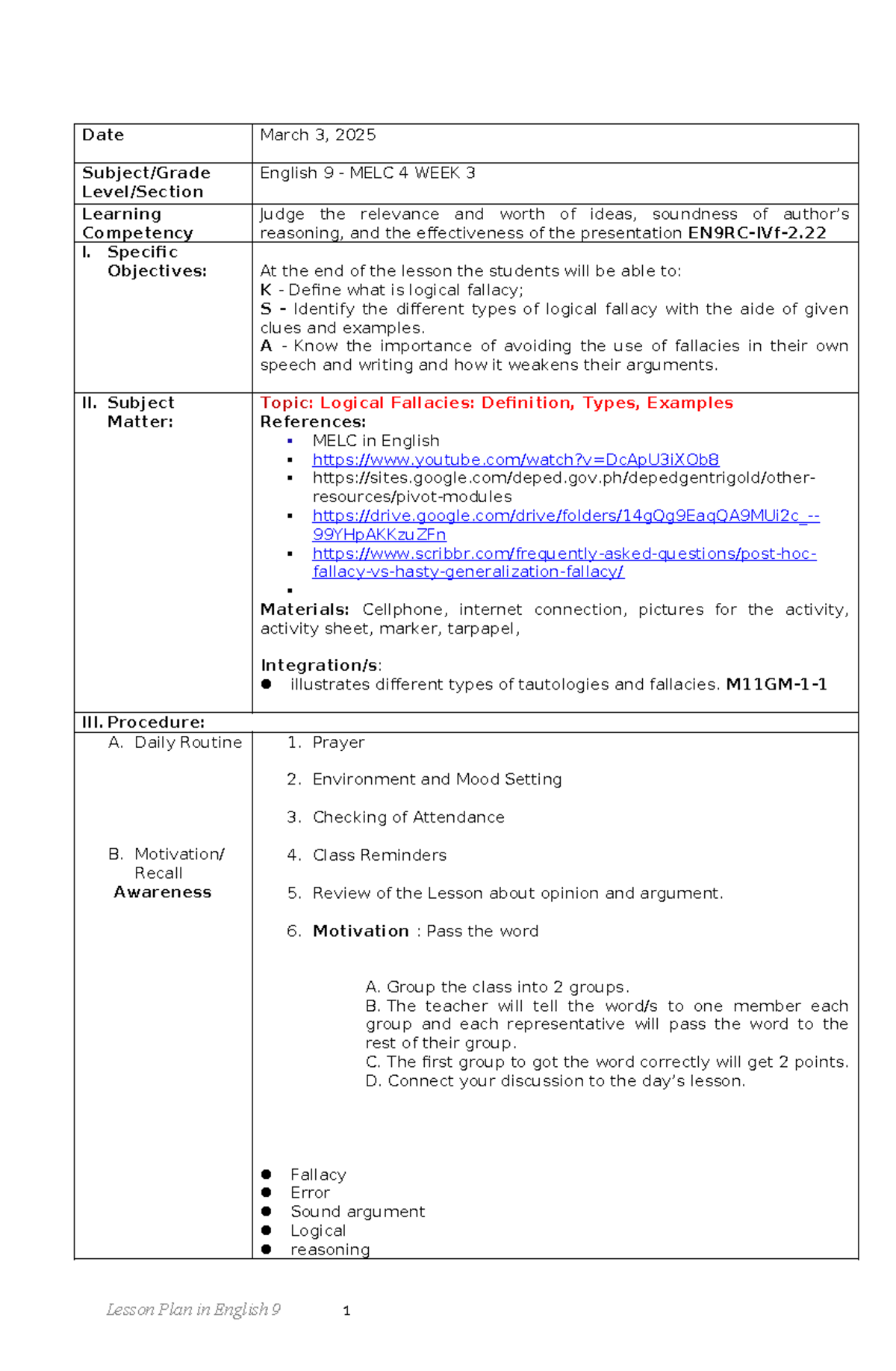 Lesson Plan: Logical Fallacies in English 9 (MELC 4, Week 3) - Studocu