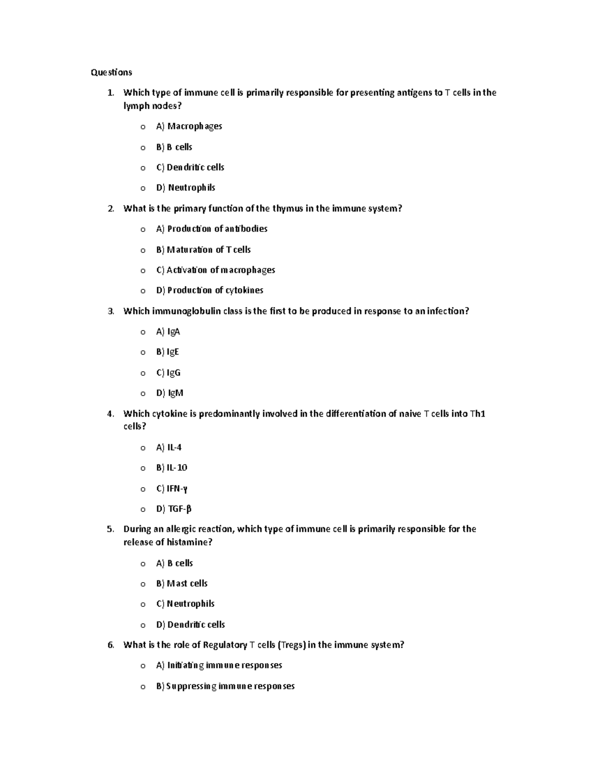 BIO 101: Practice Questions for Immune System Exam Preparation - Studocu