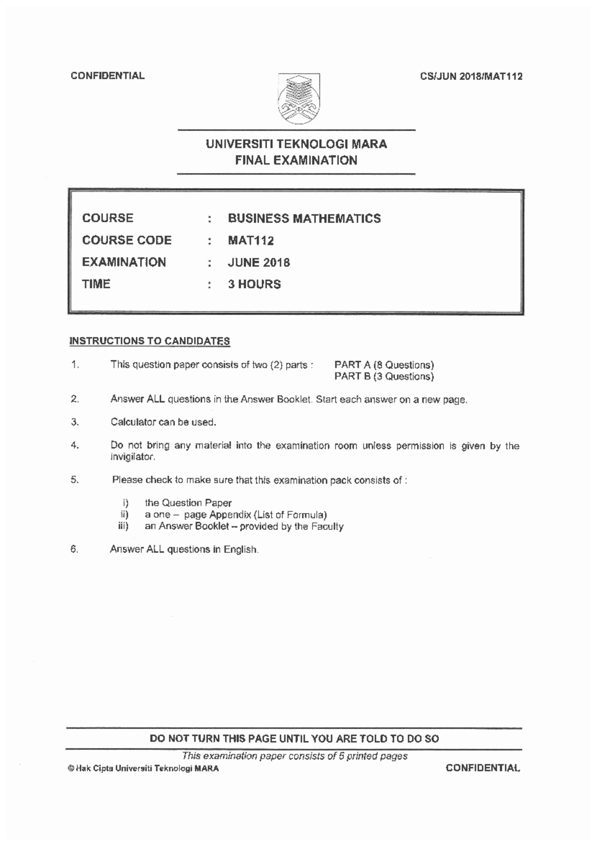 MAT112 JUN 2018 - FINAL EXAM QUESTIONS IN BUSINESS MATHEMATICS - Studocu