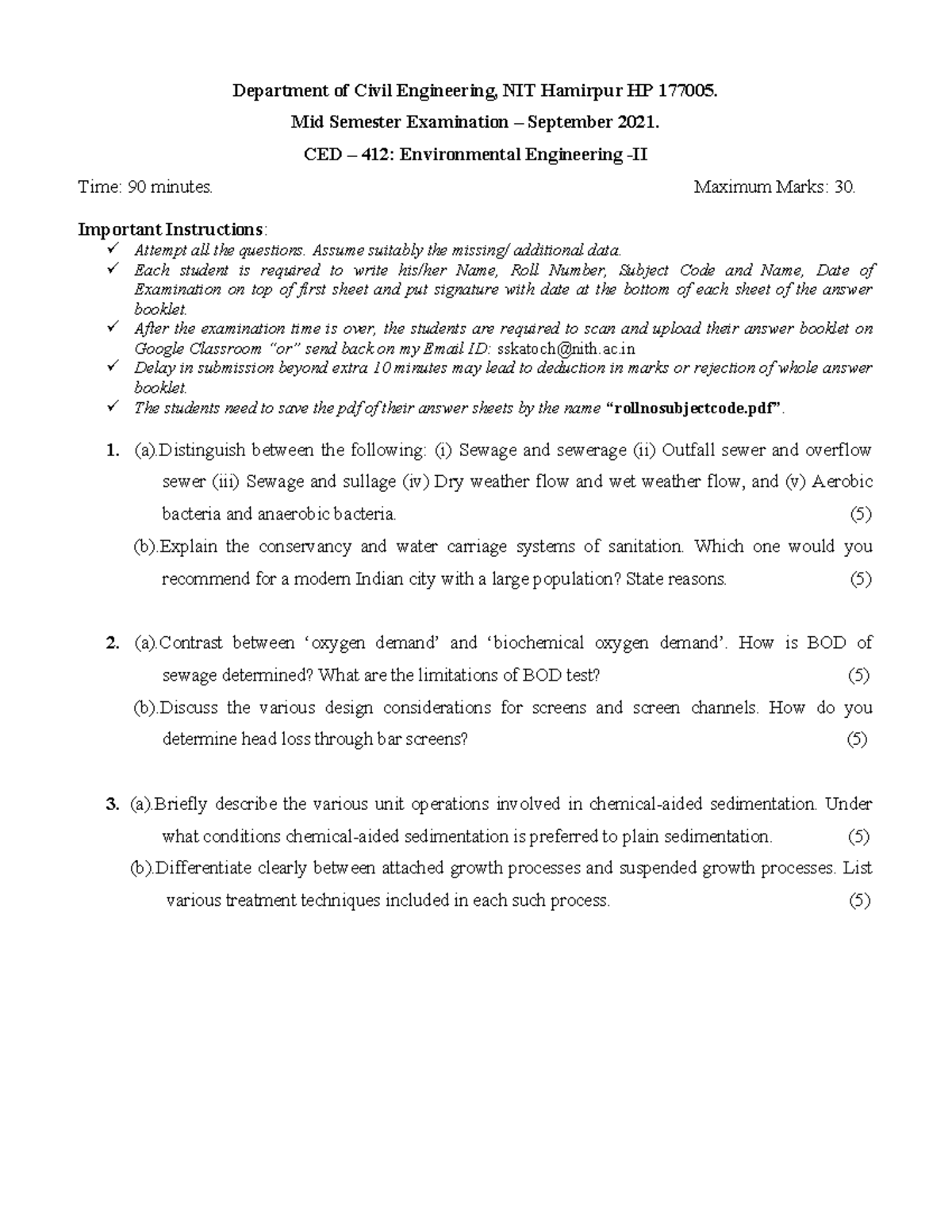 CED-412 Mid Sem Exam - Environmental Engineering II - Sept 2021 - Studocu