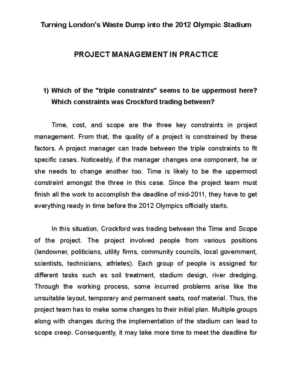 Project Management Analysis of London's 2012 Olympic Stadium - Studocu