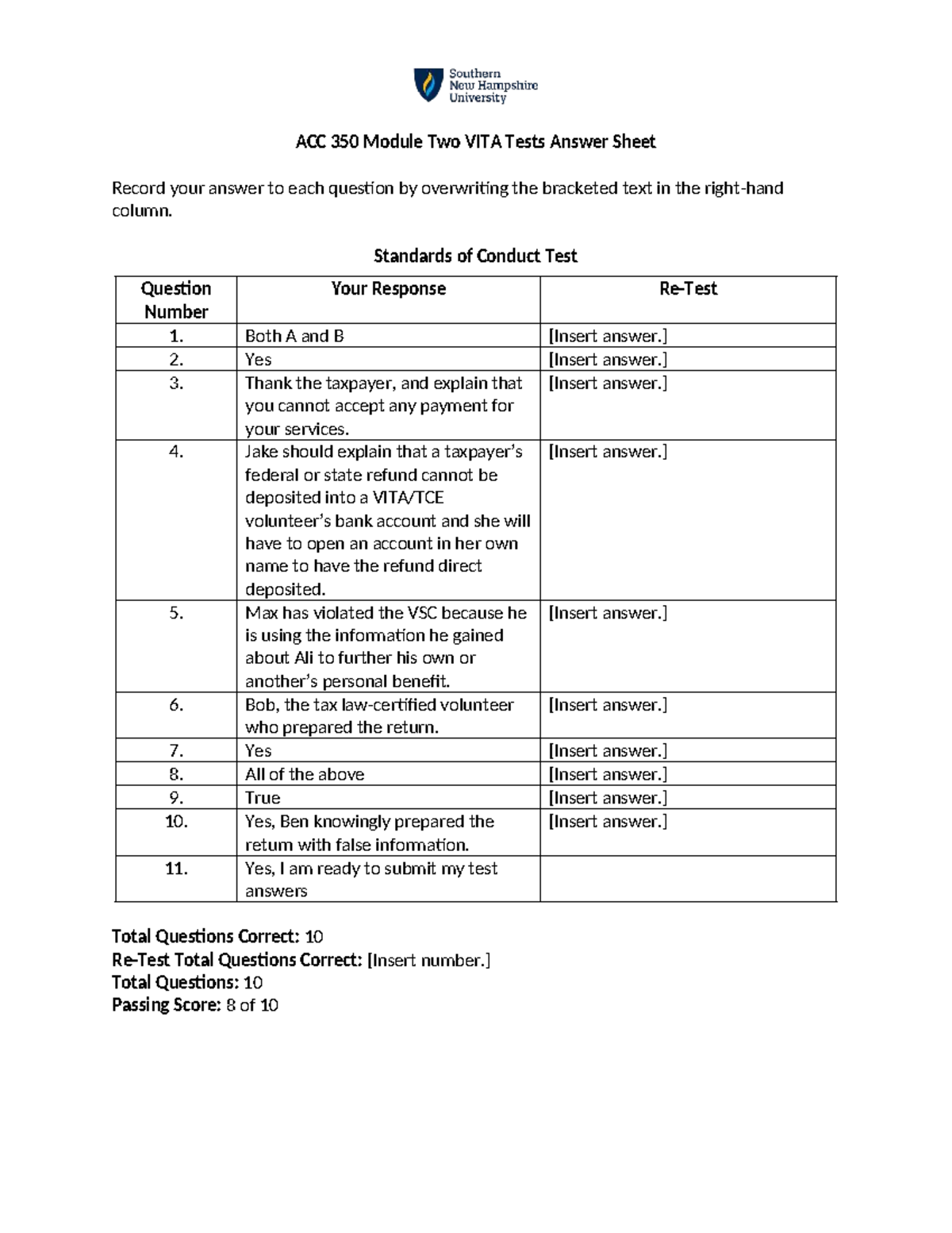 ACC 350 Module Two VITA Test Answer Sheet Responses - Studocu