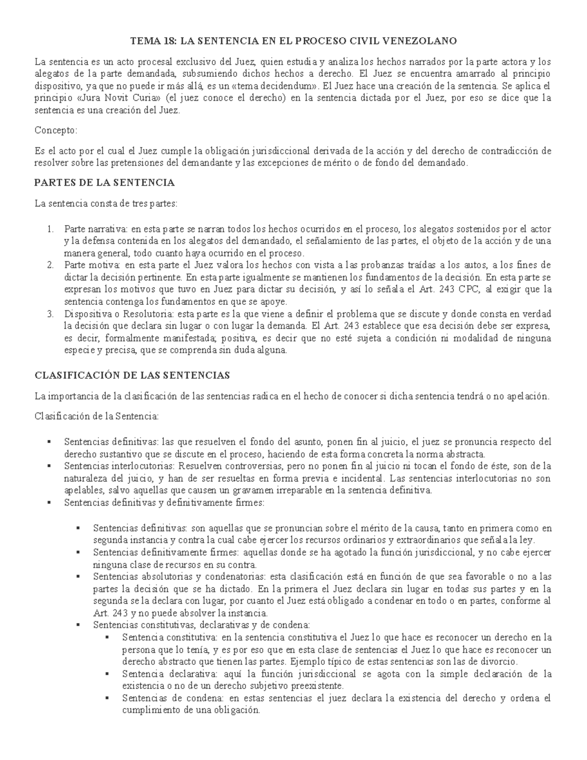 TEMA 18 LA Sentencia - Derecho procesal civil I - TEMA 18: LA SENTENCIA