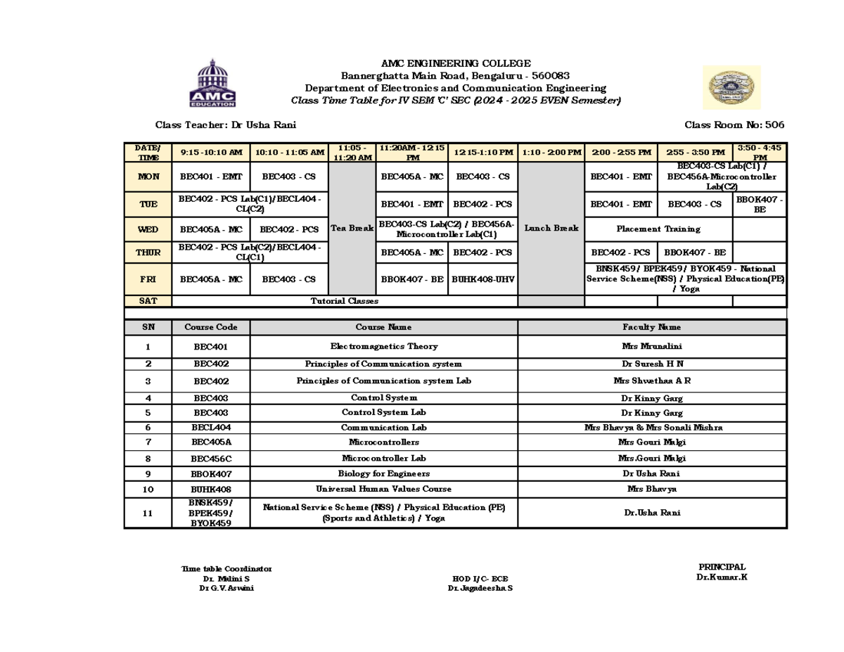 IV SEM SEC (2024-2025) ECE Class Time Table - AMC Engineering College ...