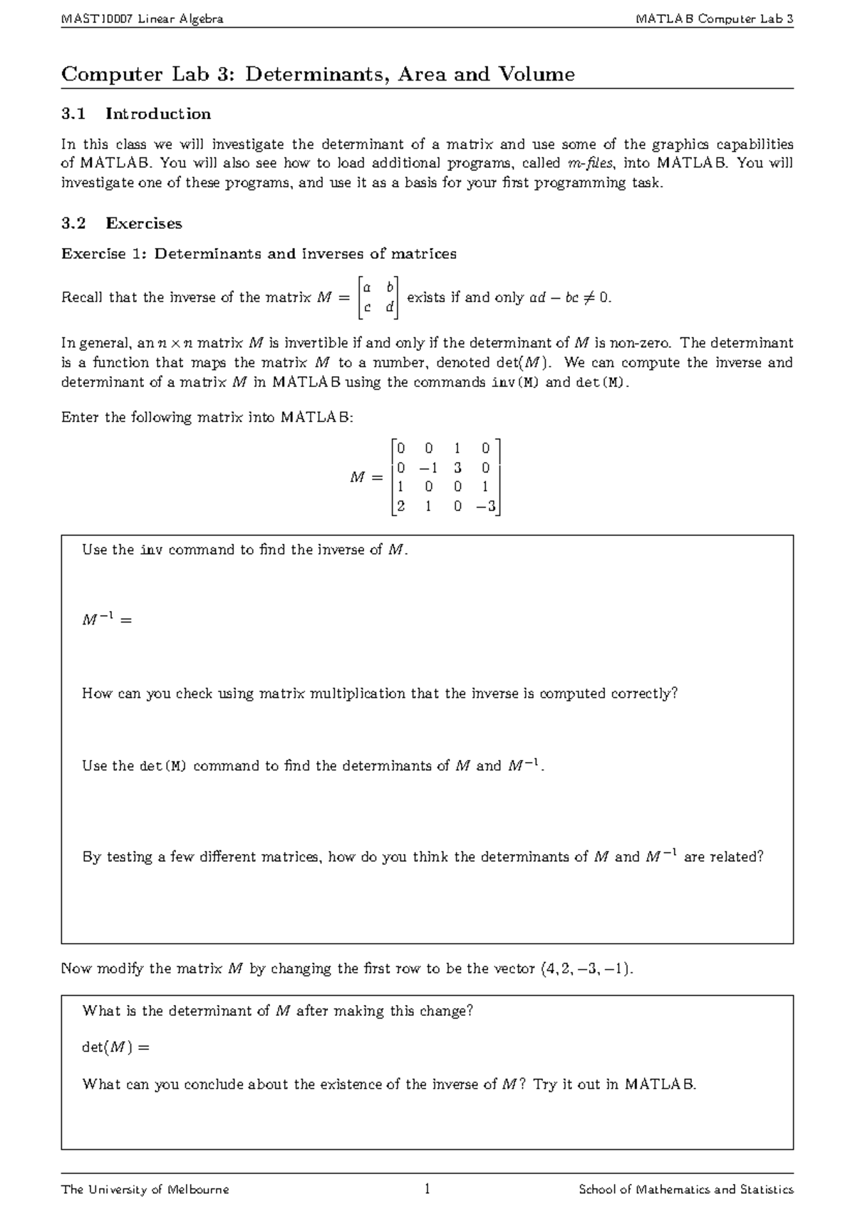Linear Algebra MATLAB Lab 3: Determinants, Area & Volume - Studocu