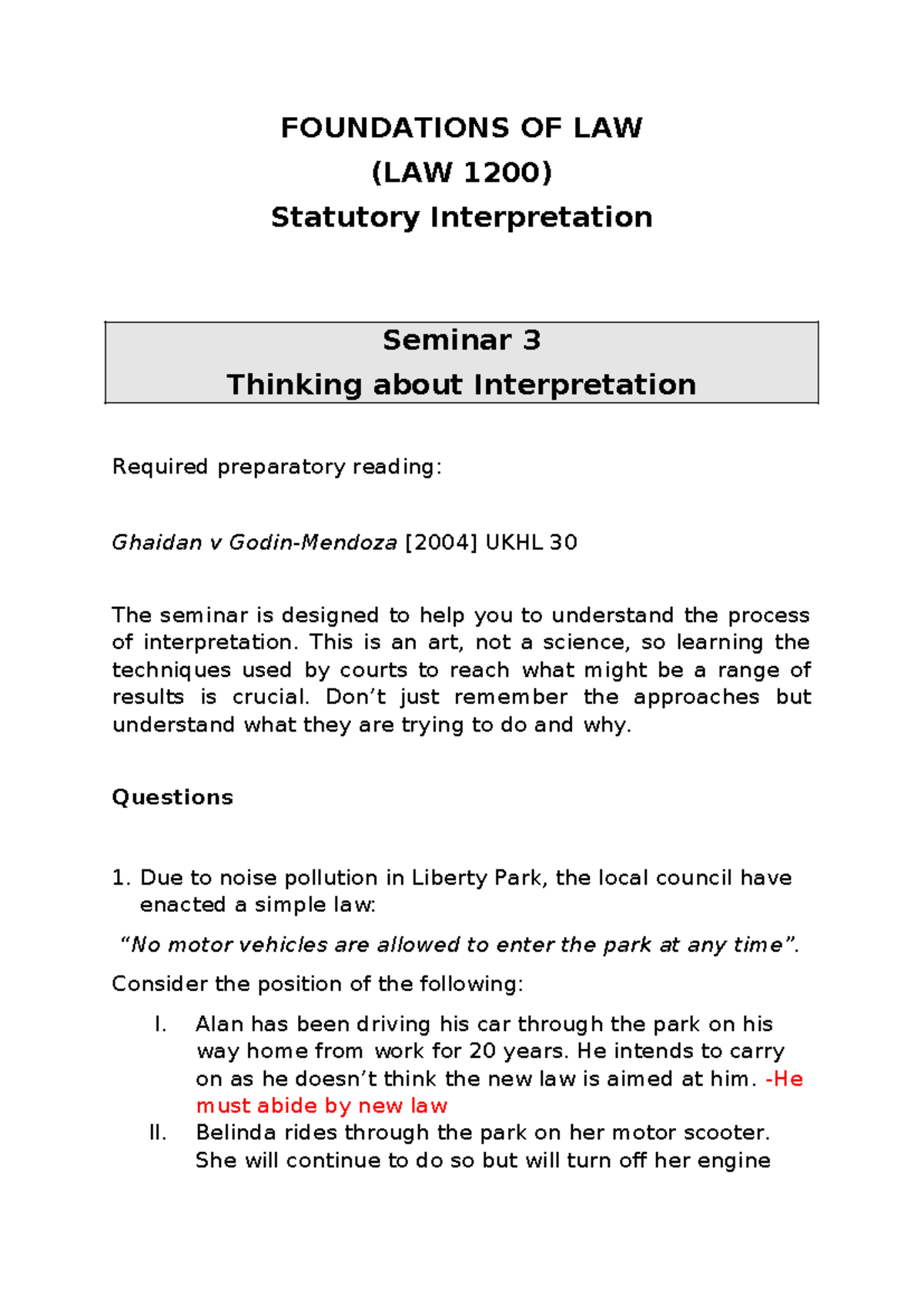 Seminar 3 - Statutory Interpretation - FOUNDATIONS OF LAW (LAW 1200 ...