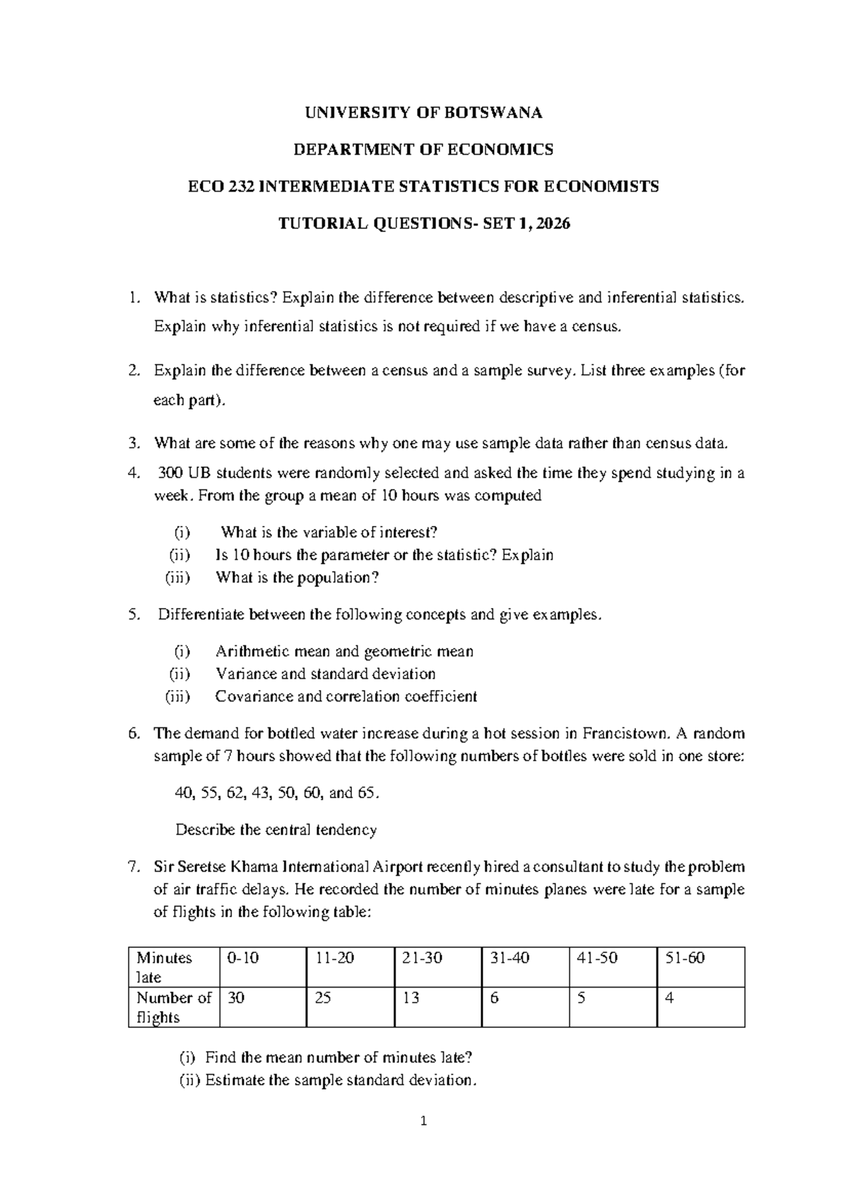 ECO 232 Intermediate Statistics for Economists Tutorial Set 1, 2026 ...