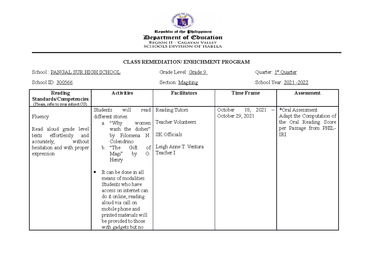 1ST & 2ND Quarter - Class Remediation Program - Leigh - CLASS ...