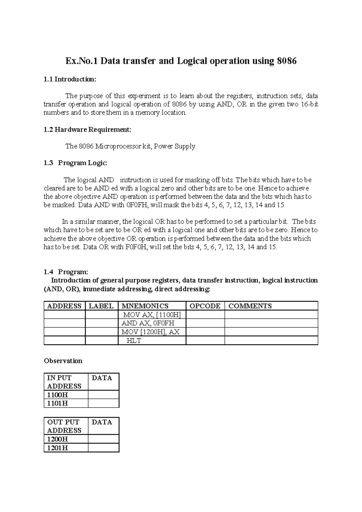 Microprocessor LAB (CS101) - Data Transfer & Logical Operations in 8086 ...
