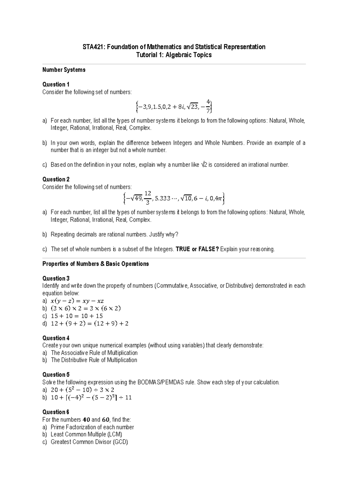 STA421: Tutorial 1 - Algebraic Topics in Number Systems - Studocu