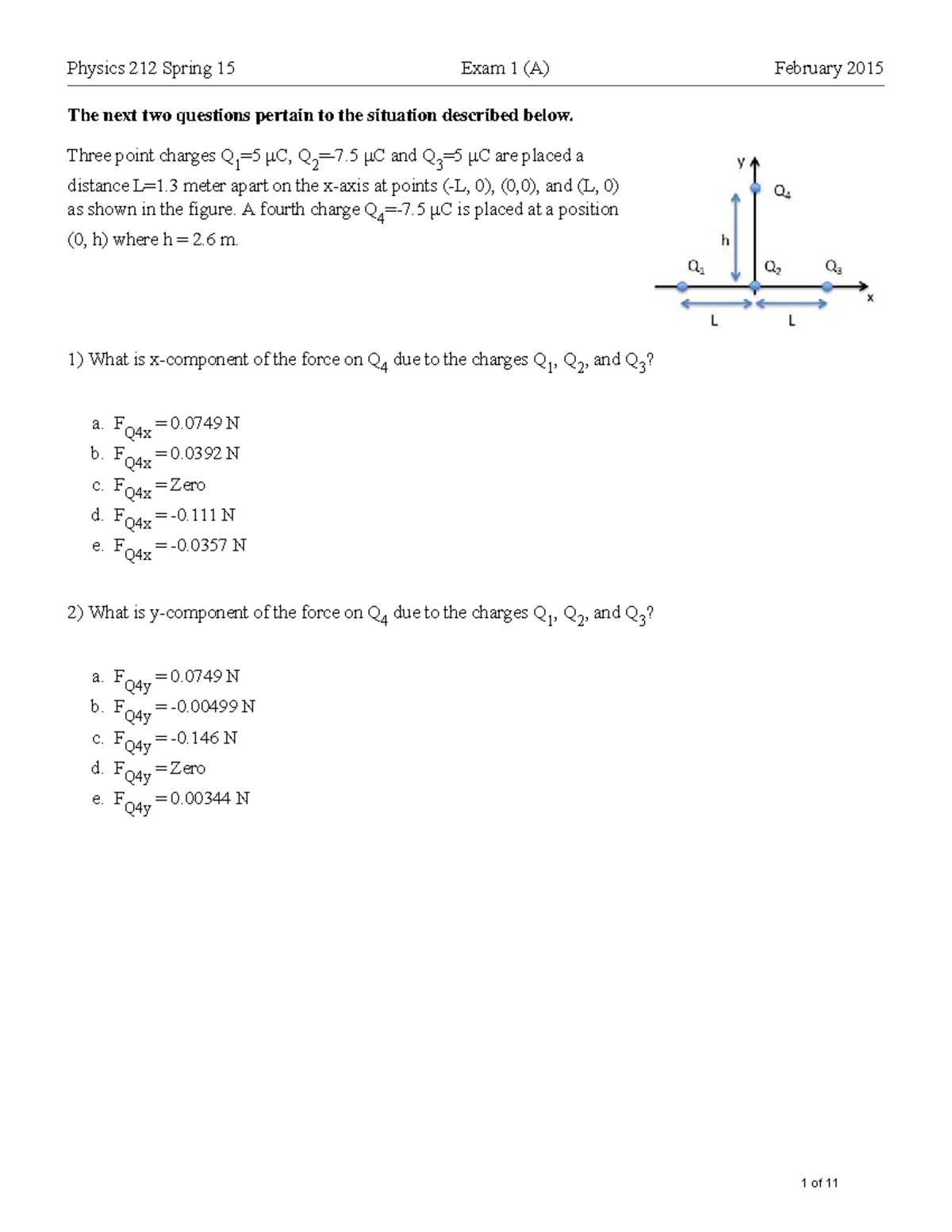 Physics 212 Spring 2015 Hour Exam 1A - Electric Forces and Fields - Studocu
