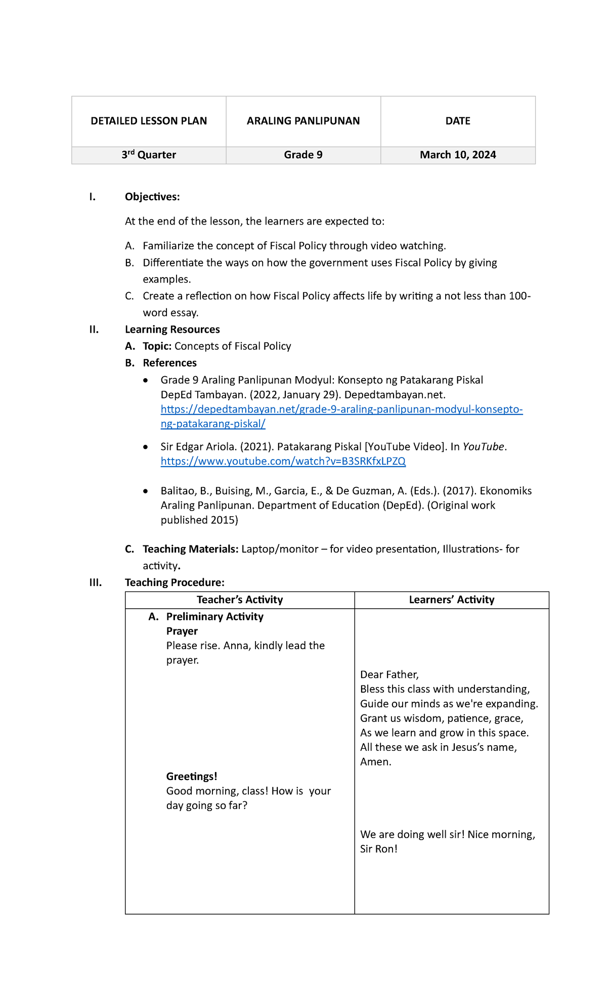 Detailed Lesson Plan - AP Grade 9: Understanding Fiscal Policy - Studocu