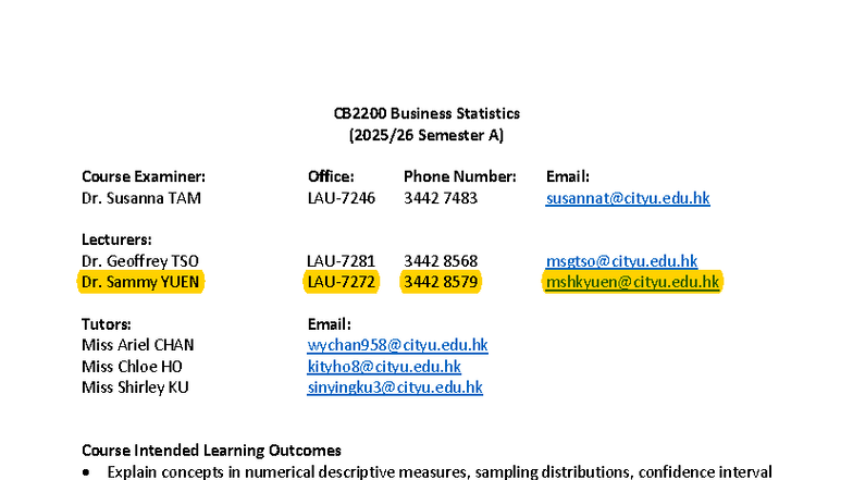 CB2200 Business Statistics Course Outline 2025 Semester A - Studocu