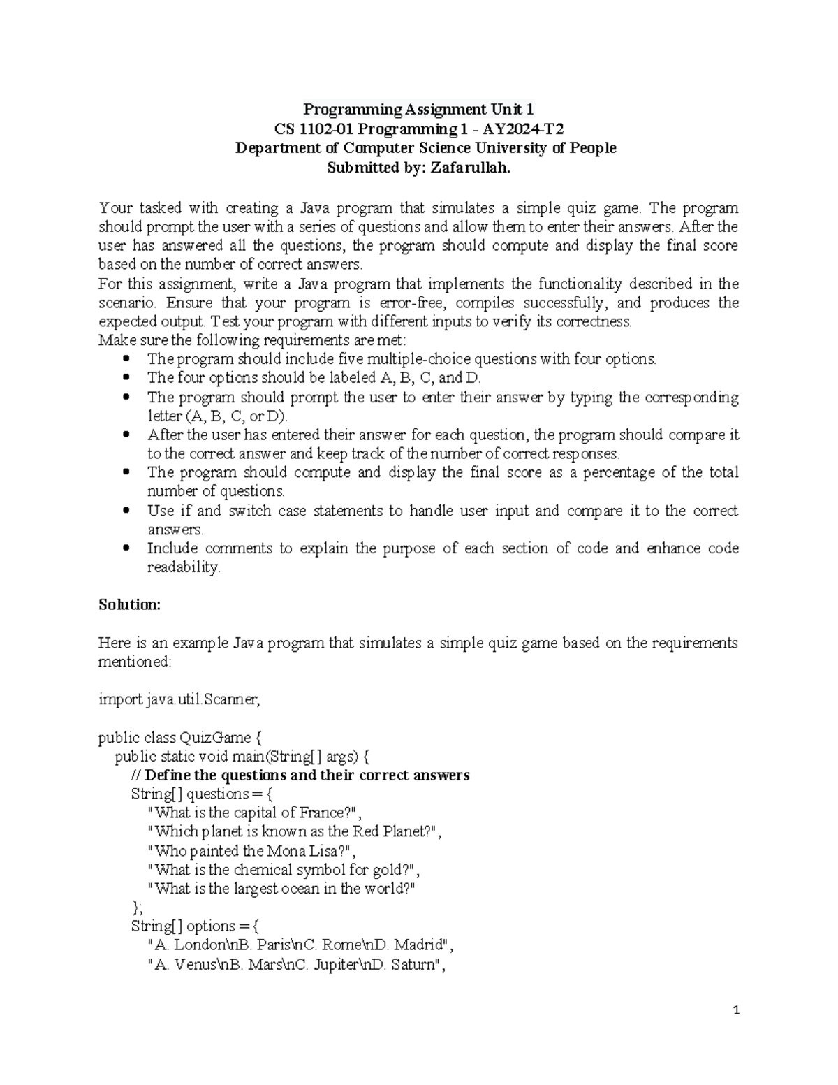 CS 1102-01 Programming Assignment 1: Java Quiz Game Implementation ...