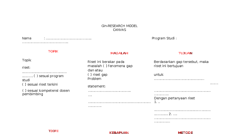 MODEL CANVAS: Riset dan Metode dalam Program Studi 2323 - Studocu