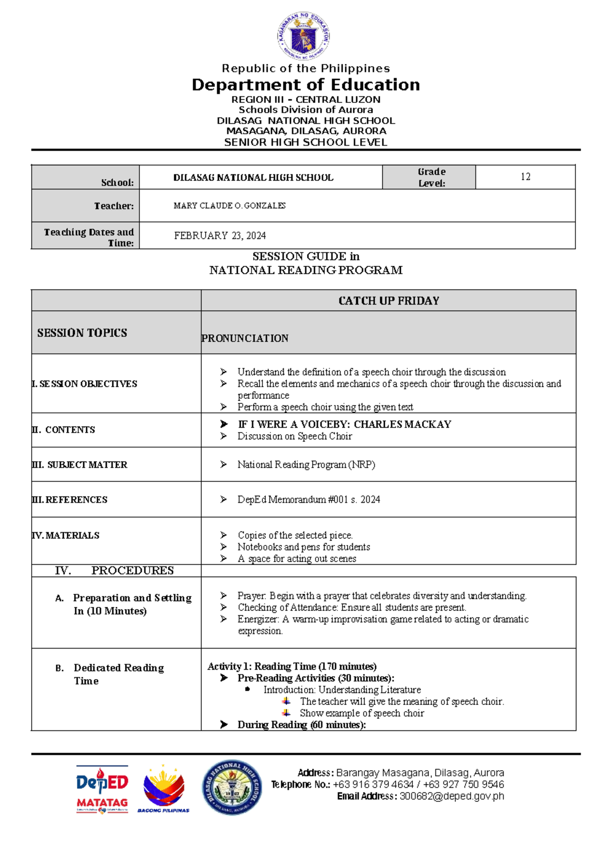 Session Guide for NRP Speech Choir Activities - Feb 23, 2024 - Studocu