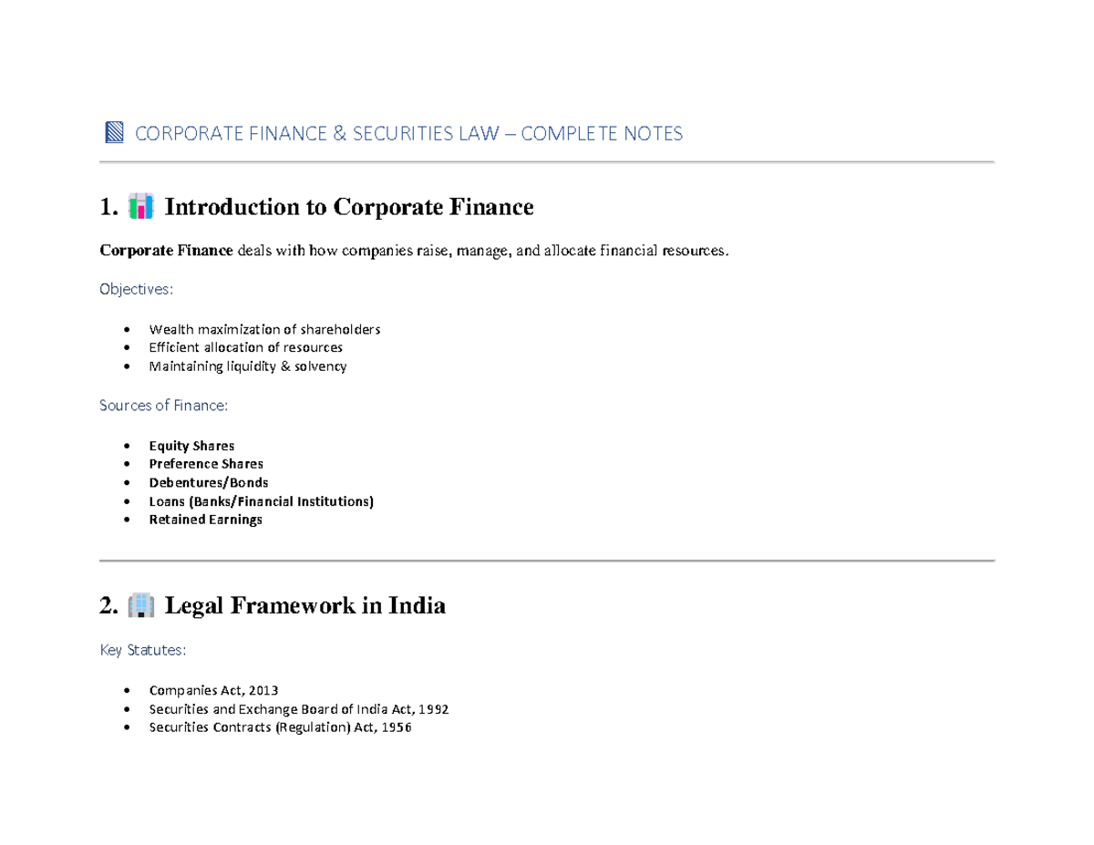 CORPORATE FINANCE & SECURITIES LAW COMPLETE NOTES - Studocu