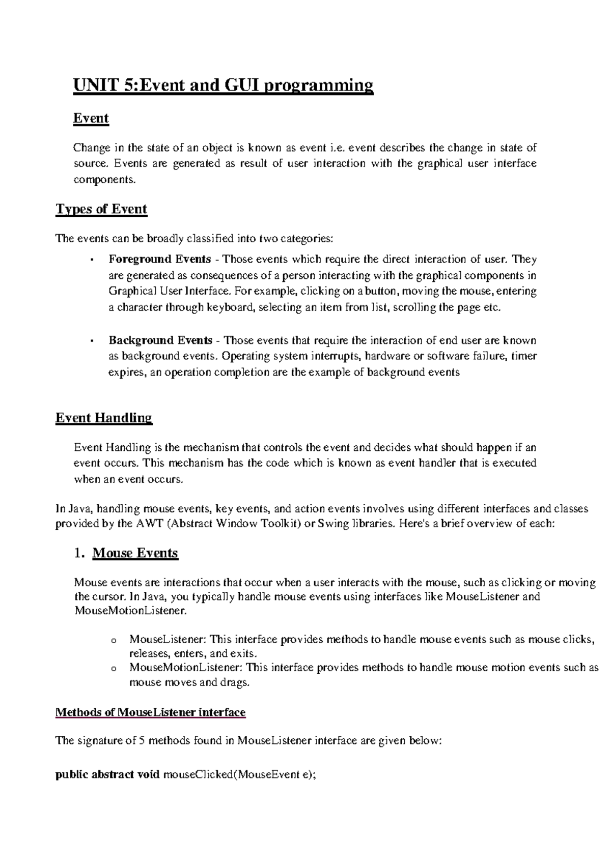 JAVA-UNIT5: Event and GUI Programming Notes - Studocu